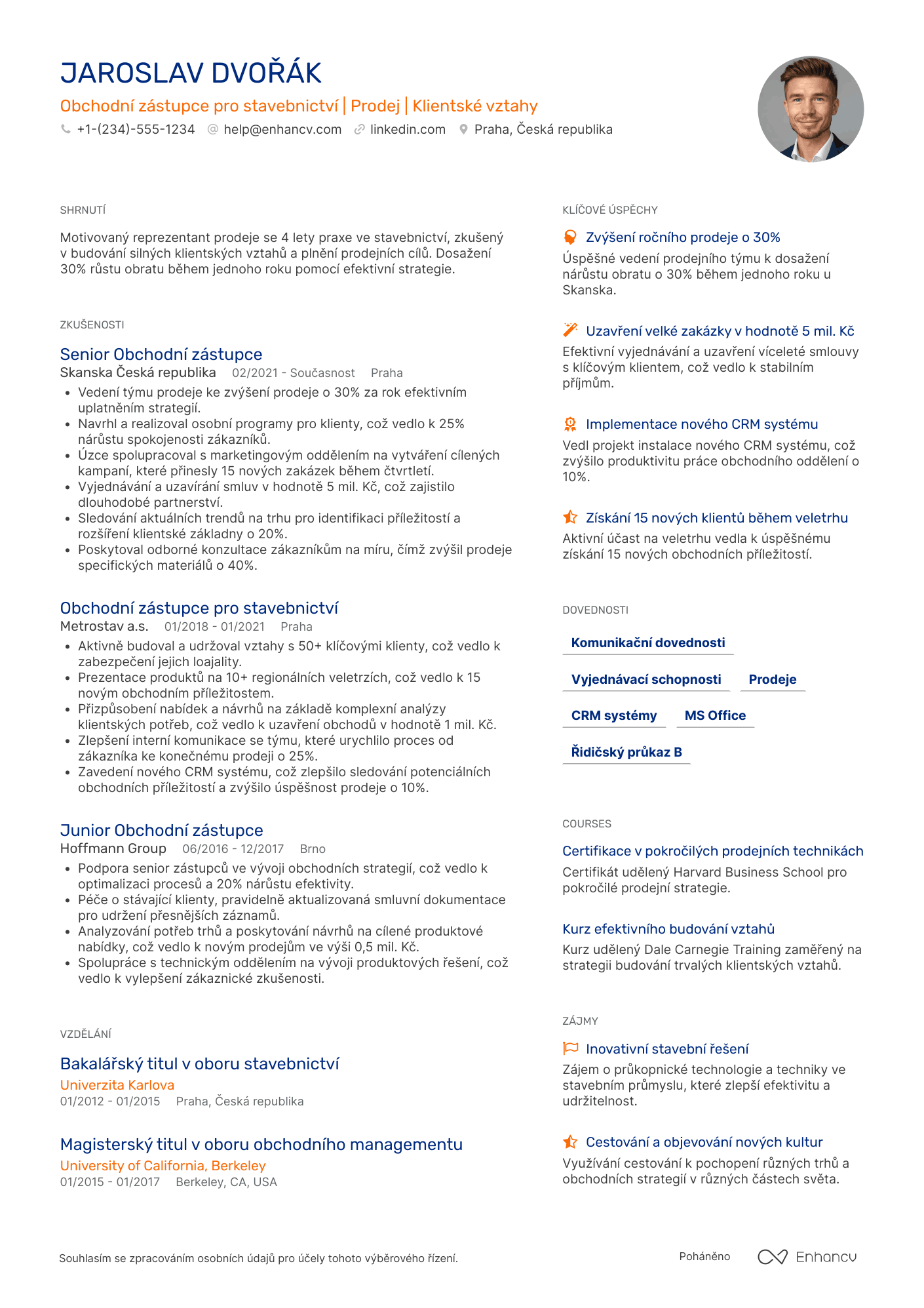 Životopis pro Obchodní zástupce pro stavebnictví Resume Example