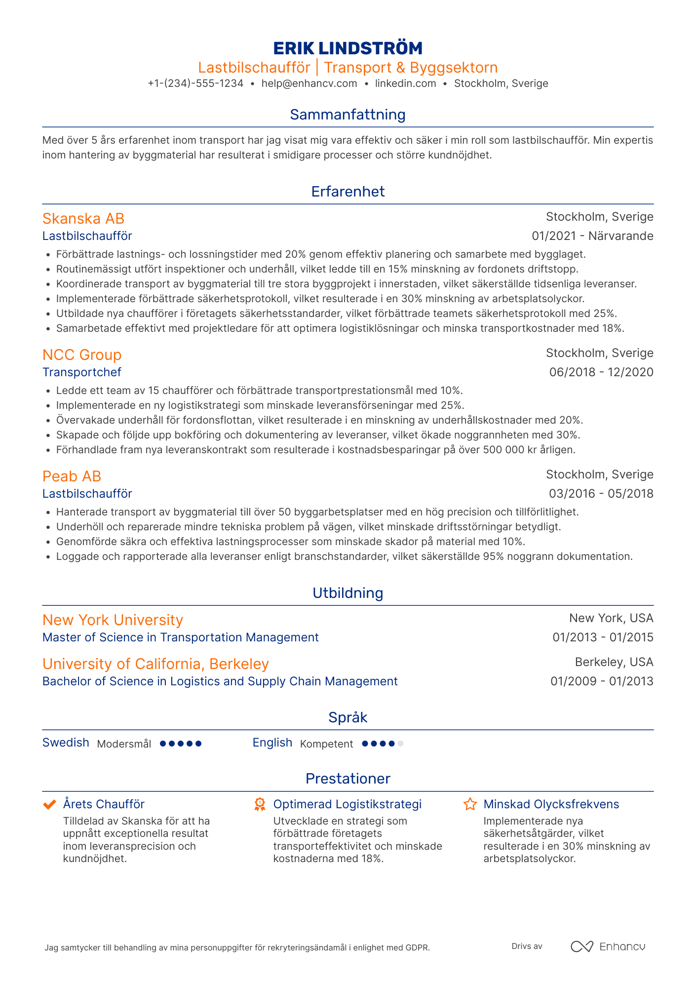 CV för Lastbilschaufför inom byggsektorn Resume Example