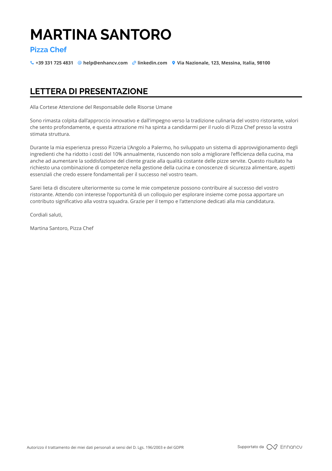 Pizzaiolo per Ristorante Fusion Resume Example