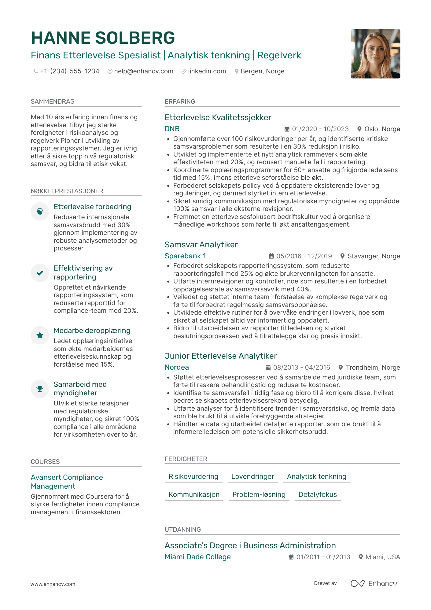 CV for Finans Etterlevelse Spesialist Resume Example