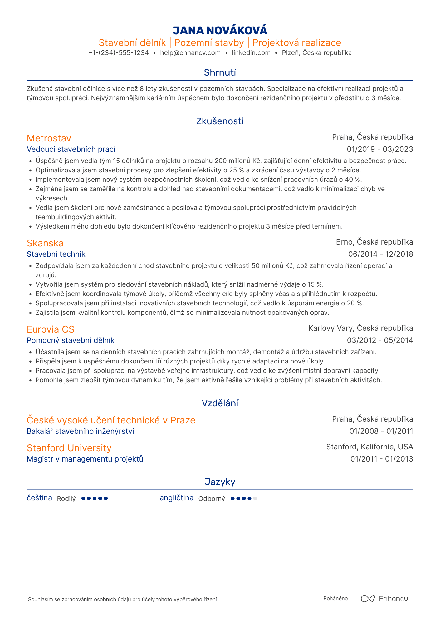 Životopis pro Stavební dělník v pozemním stavitelství Resume Example