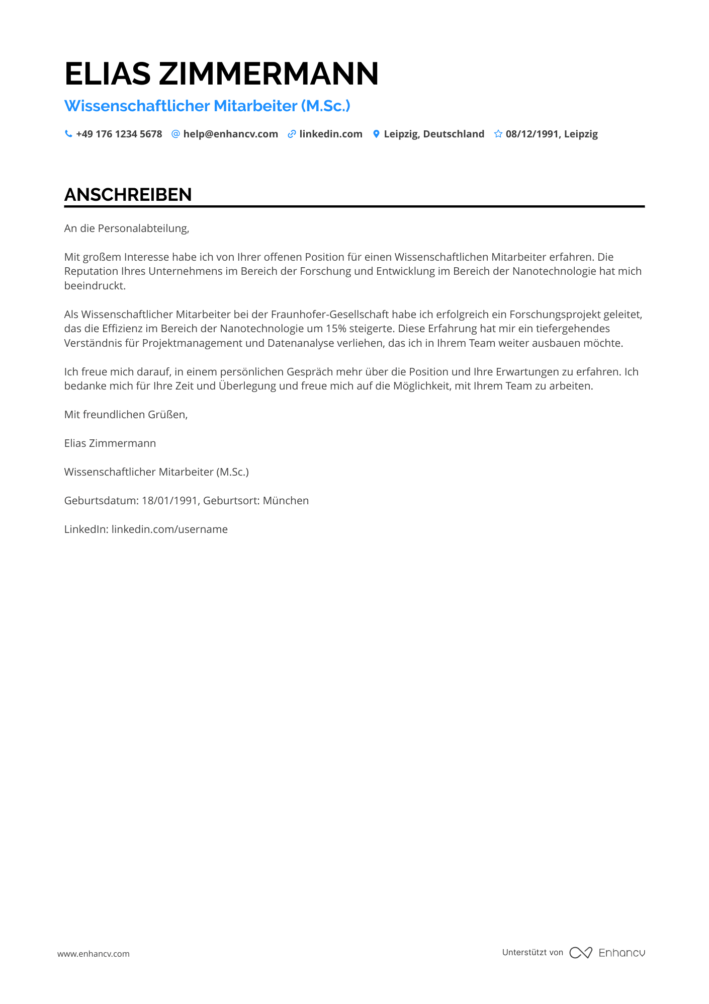 Wissenschaftlicher Mitarbeiter Resume Example
