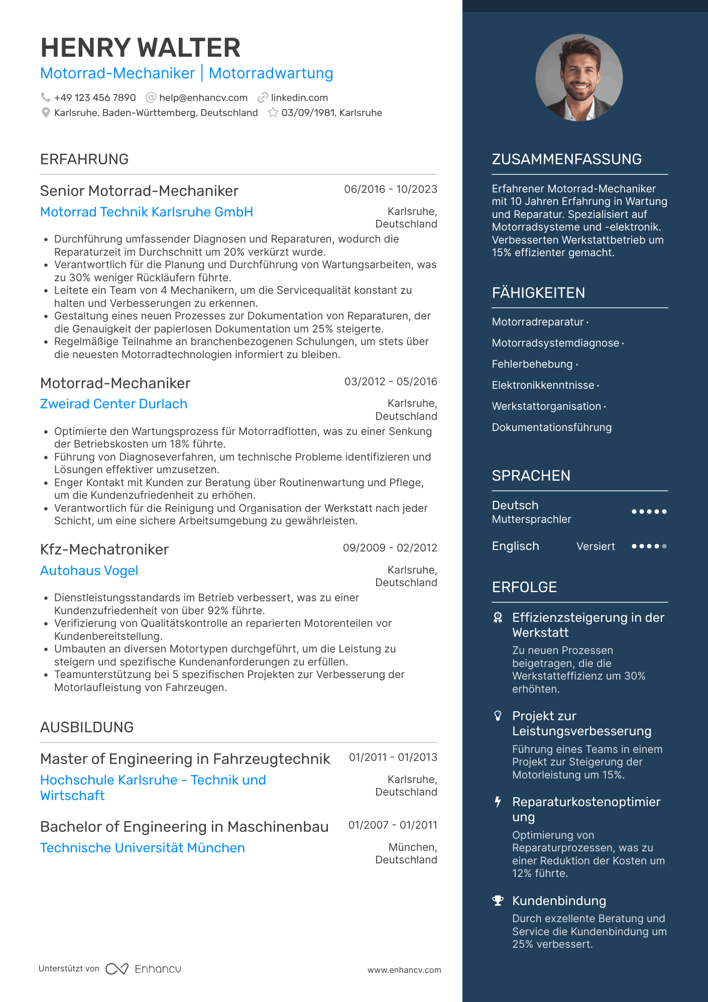 Lebenslauf als Motorrad Mechaniker Resume Example