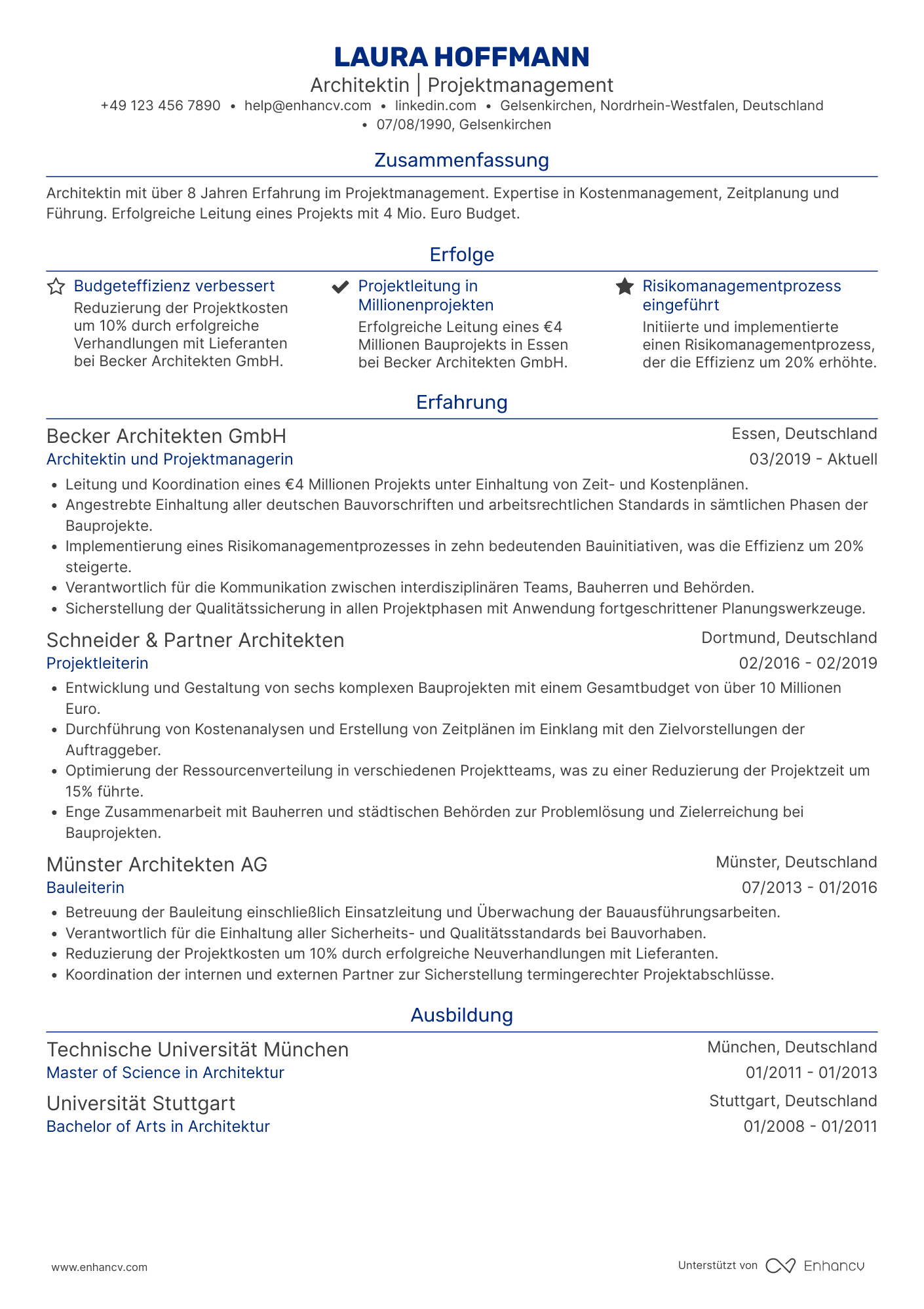 Lebenslauf als Architekt mit Projektmanagementerfahrung Resume Example
