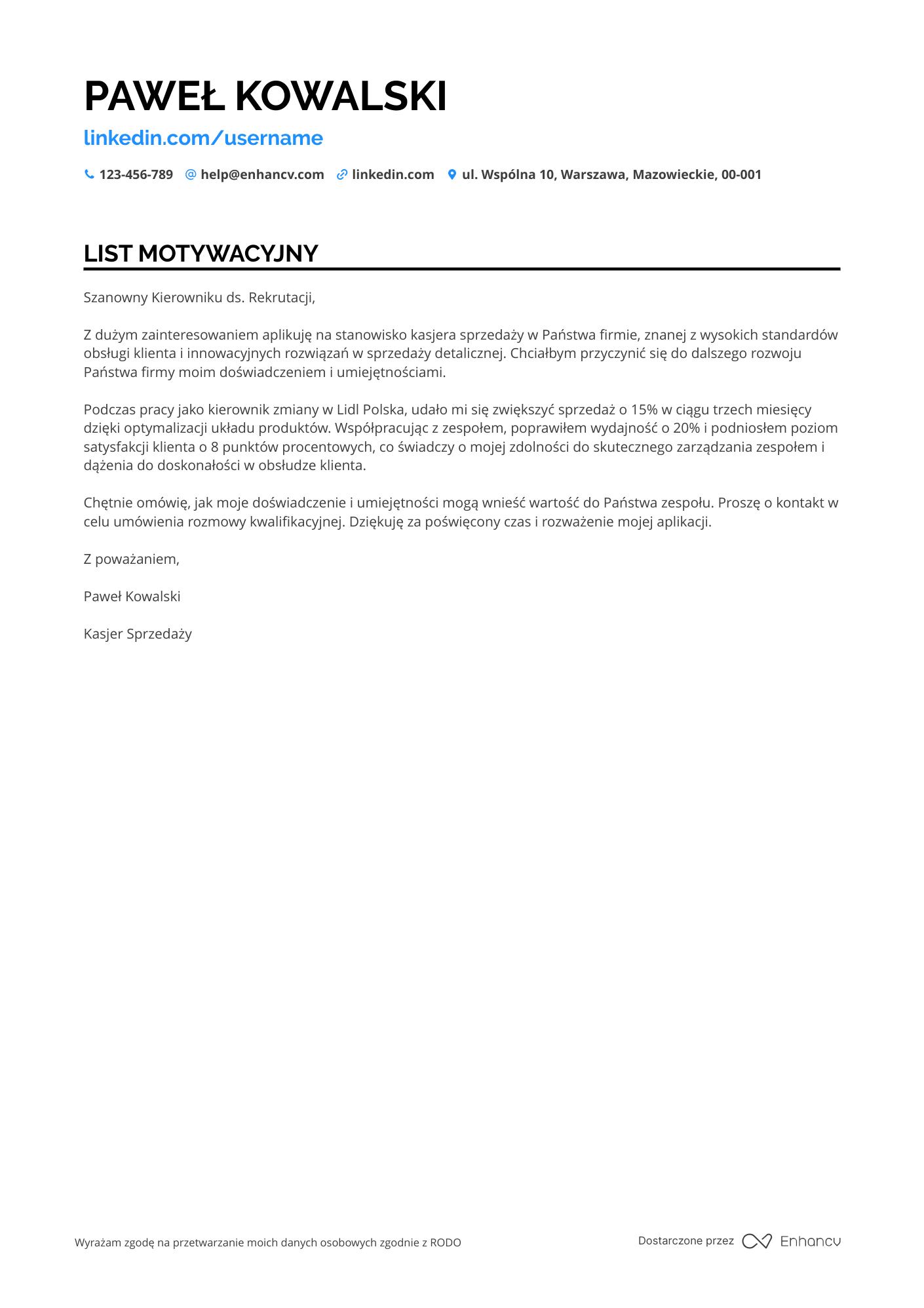 List motywacyjny dla Kasjer Sprzedaży Resume Example
