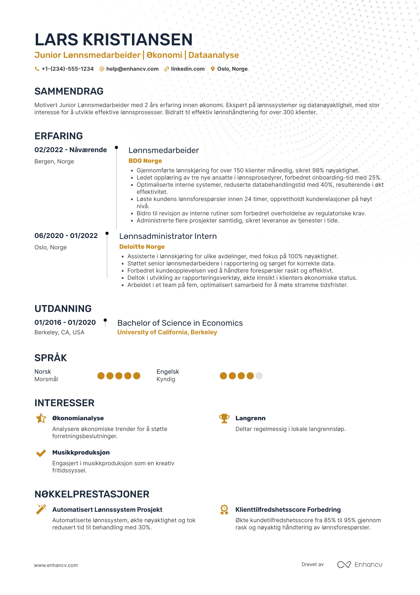 CV for Junior Lønnsmedarbeider Resume Example