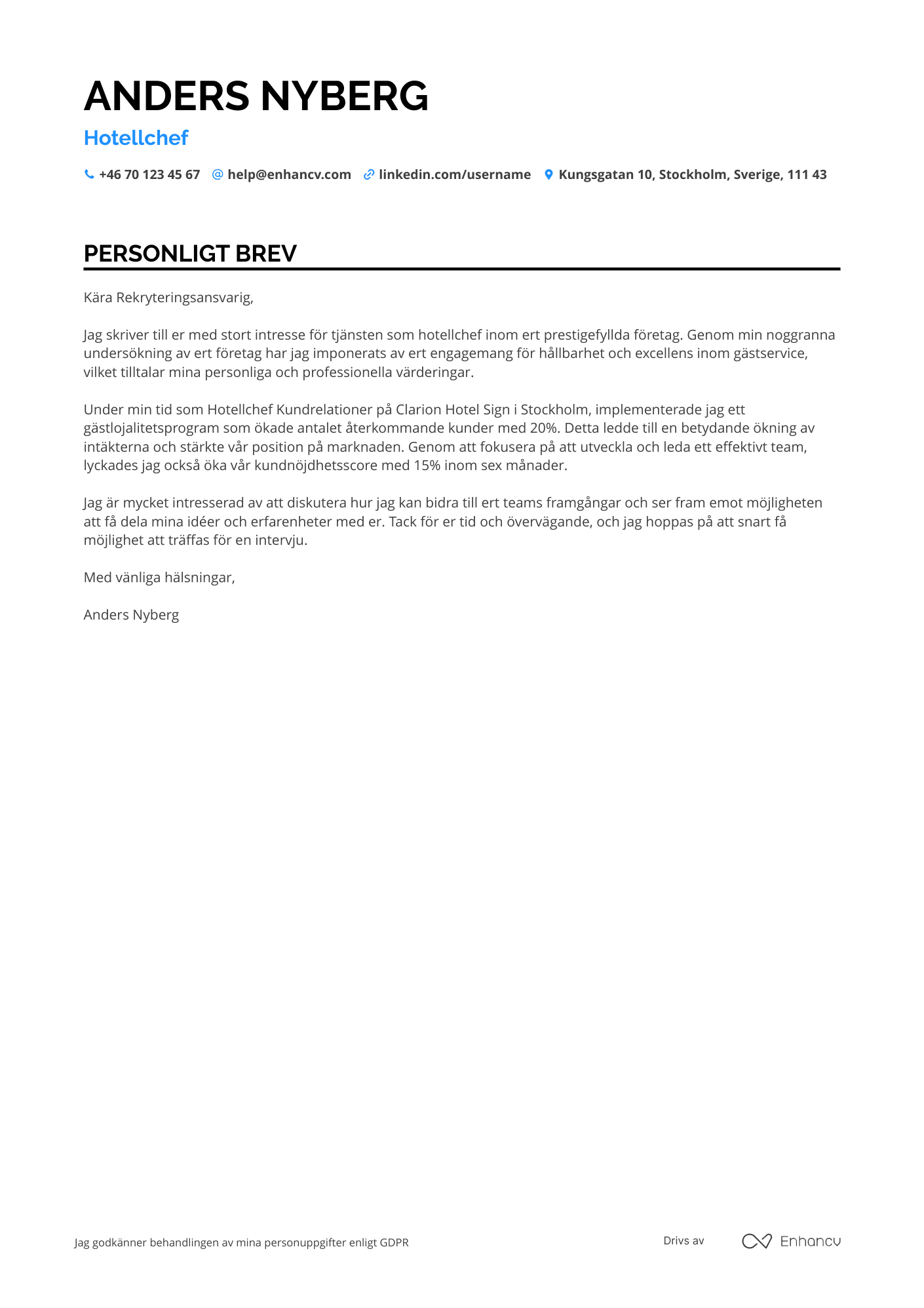 Personligt brev för Hotellchef kundrelationer Resume Example