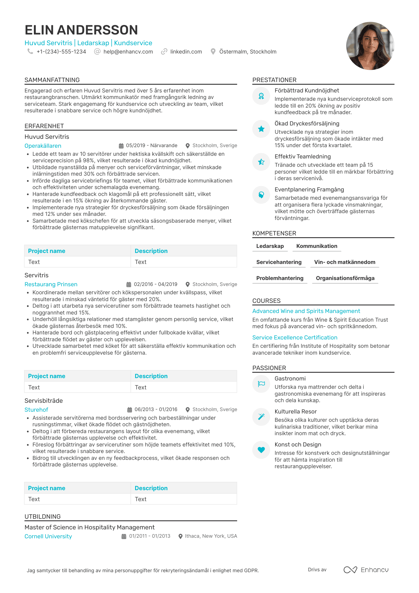 CV för Huvud Servitris Resume Example