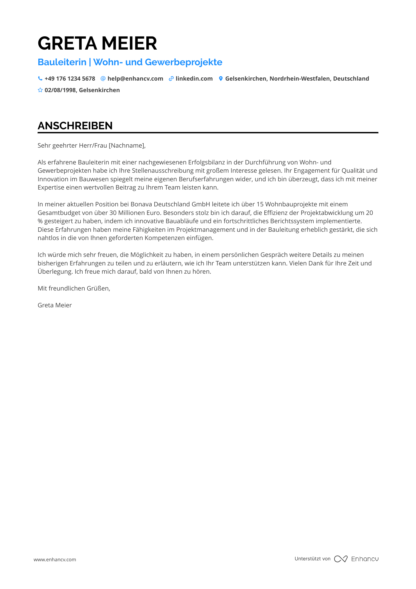 Bauleiter in der Immobilienindustrie Resume Example