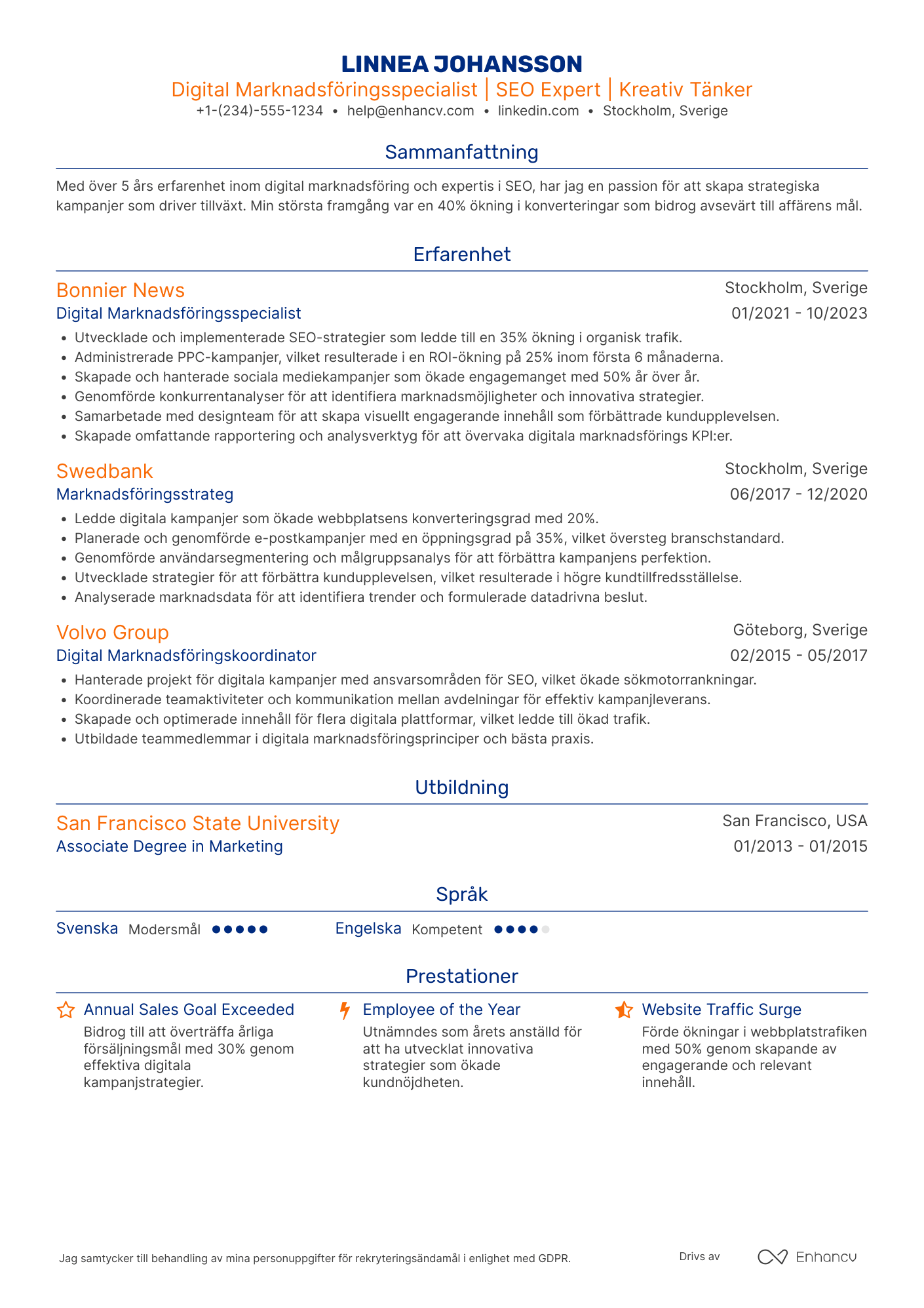 CV för Digital Marknadsföringsspecialist Resume Example