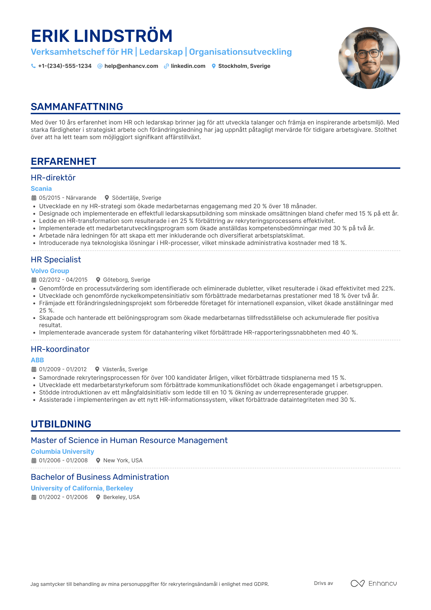 CV för Verksamhetschef för HR Resume Example