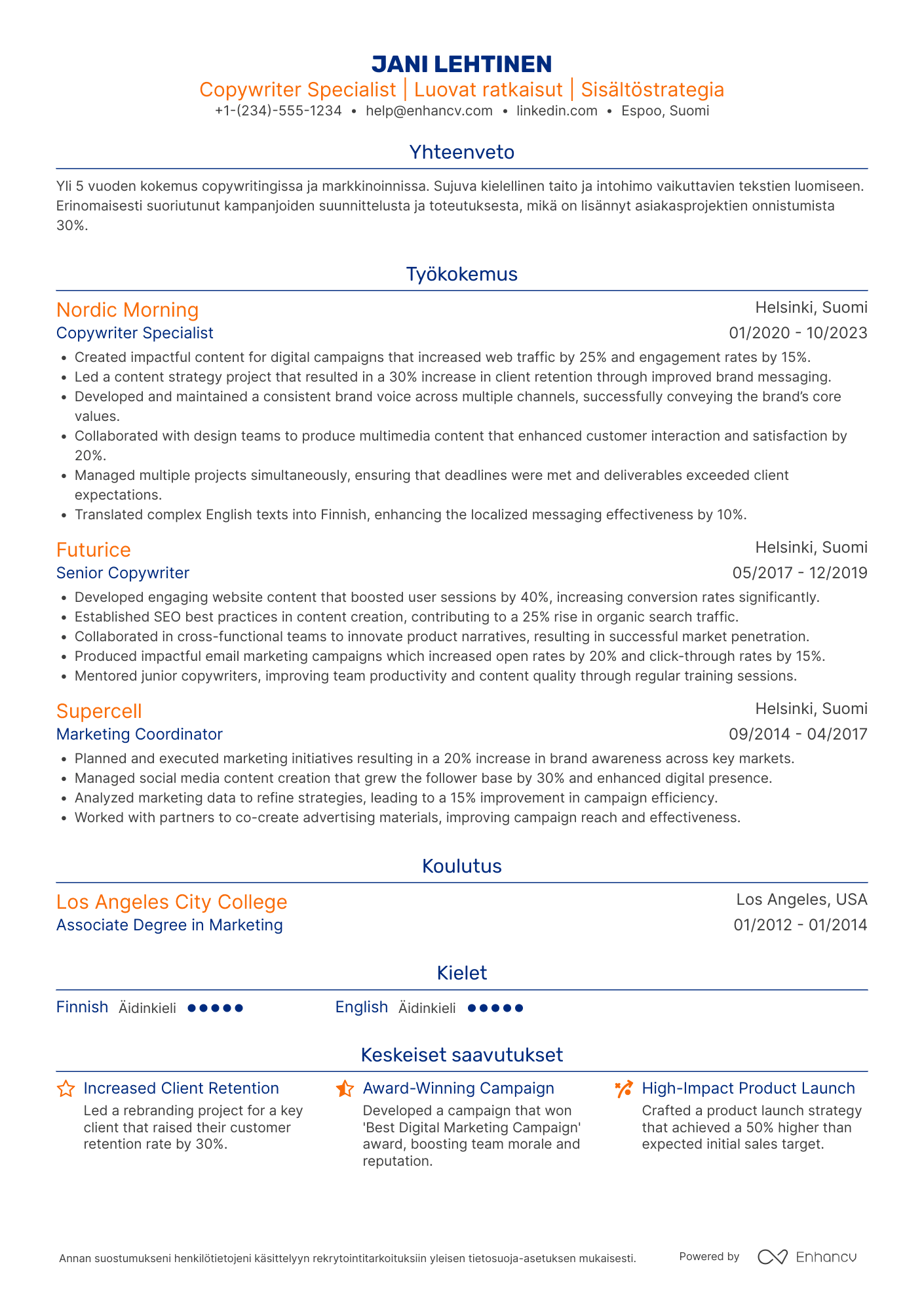 Ansioluettelo Copywriter Specialist Resume Example