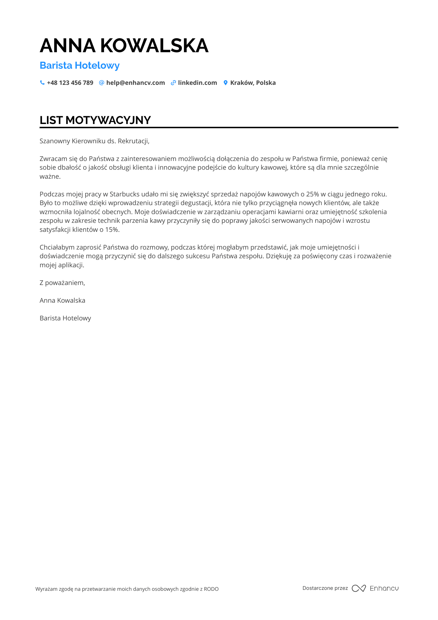 List motywacyjny dla Hotel Barista Resume Example