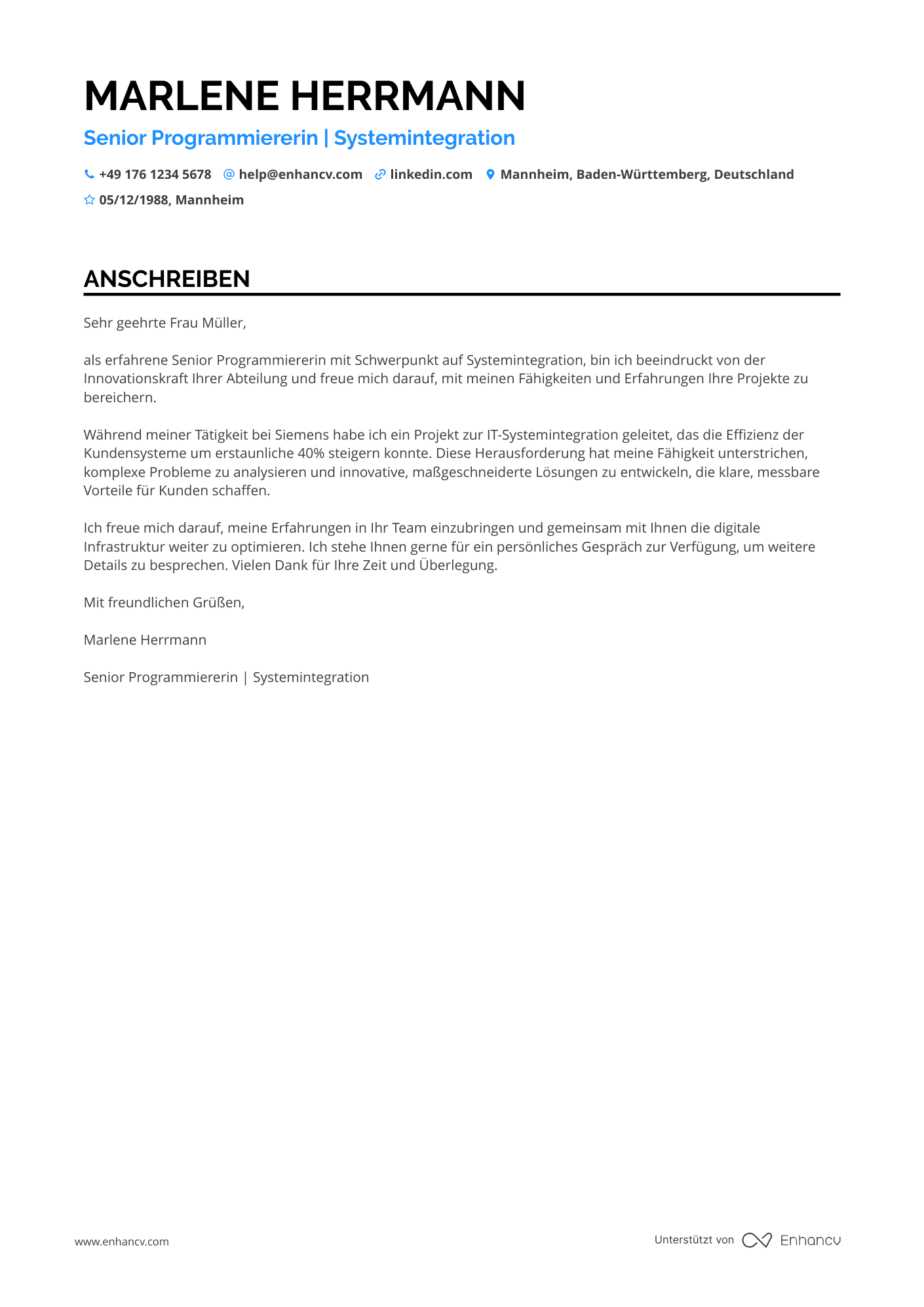 Programmierer für Systemintegration Resume Example