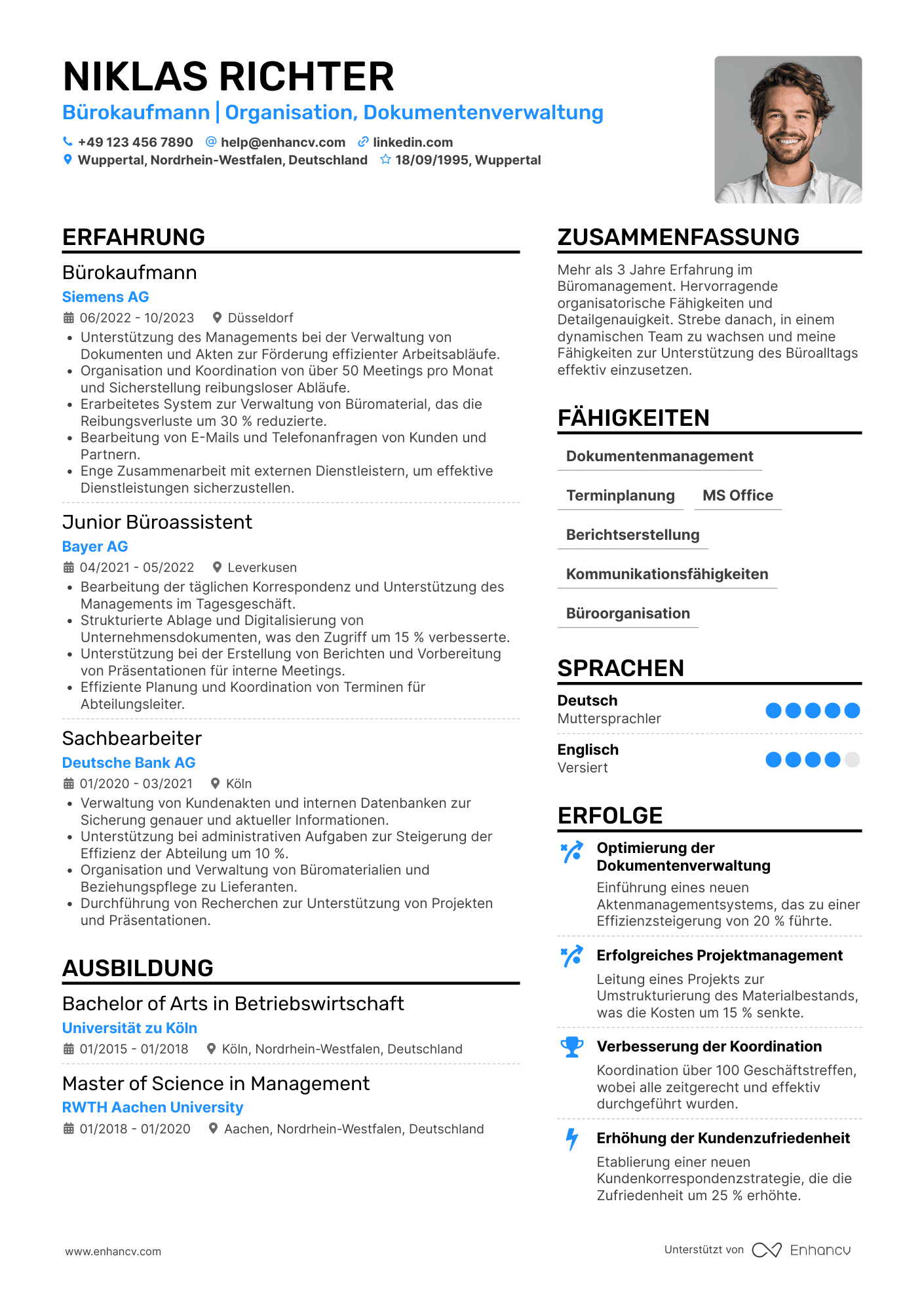 Lebenslauf als Büroverwalter mit Einsteigererfahrung Resume Example