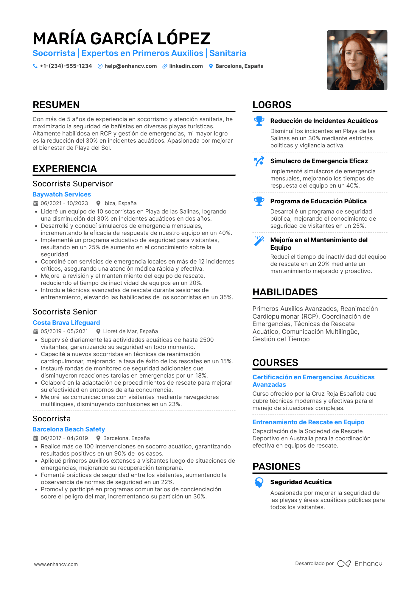 Ejemplo de CV para socorrista con especialización sanitaria Resume Example