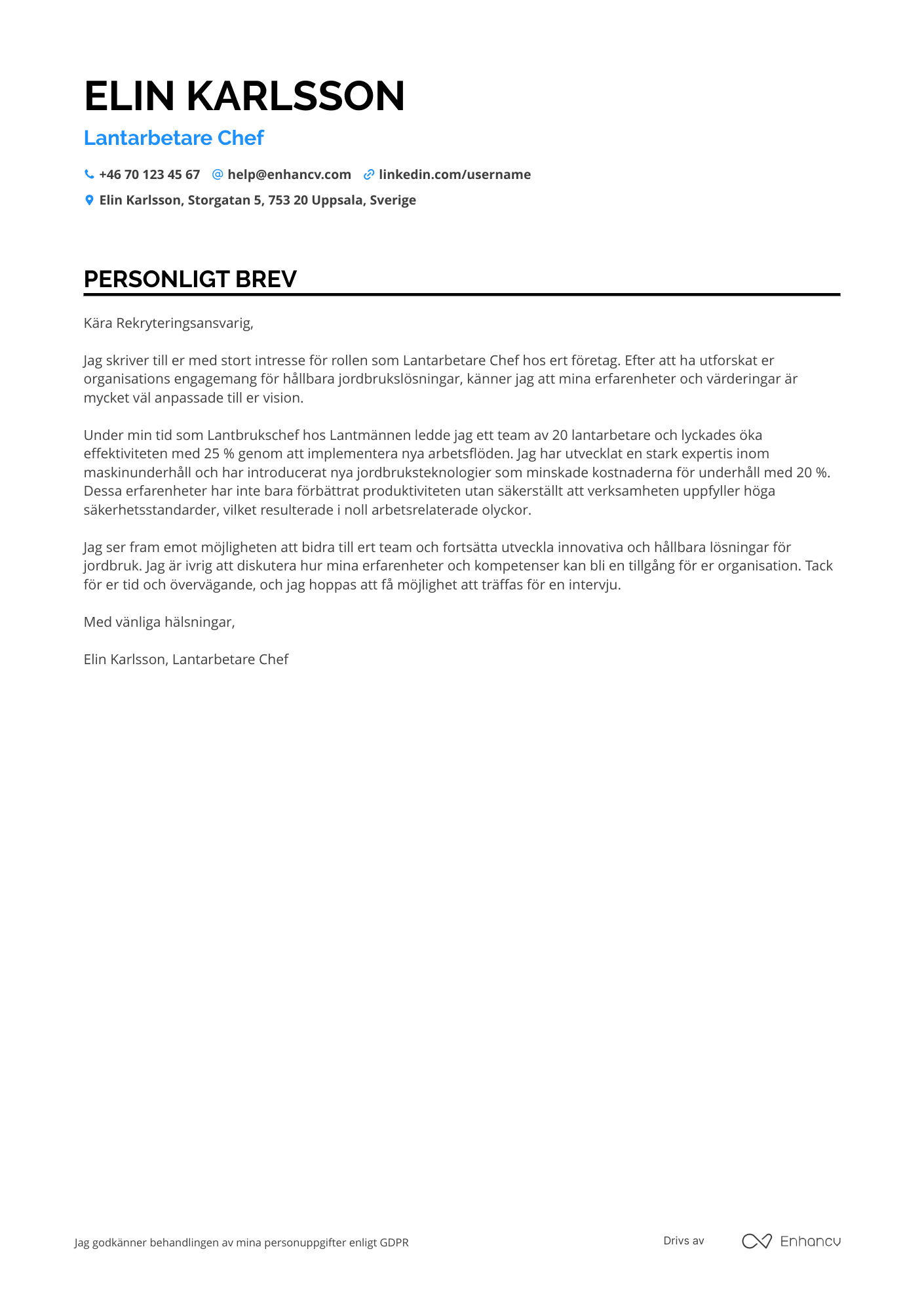 Personligt brev för Lantarbetare chef Resume Example