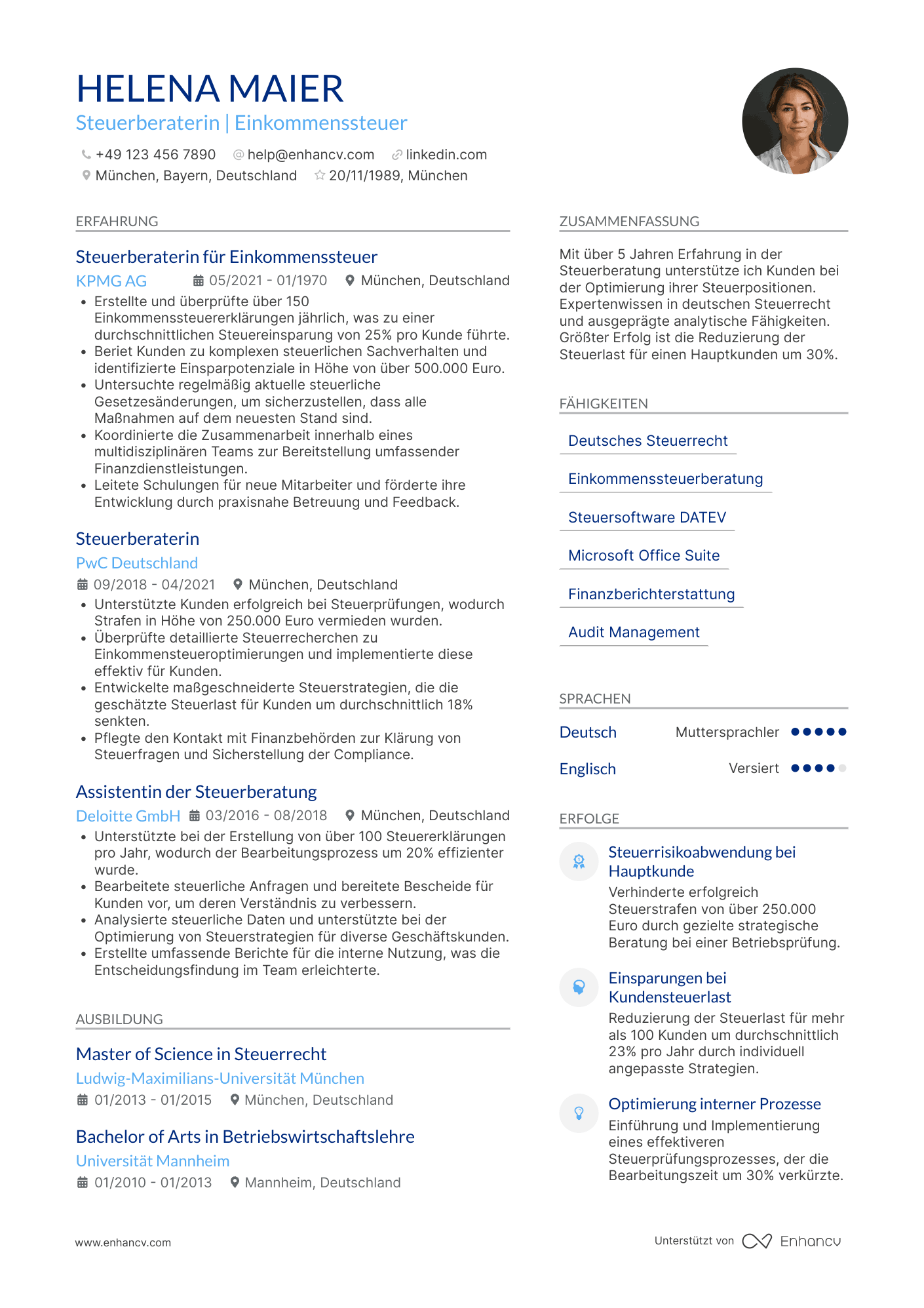 Lebenslauf als Steuerberater für Einkommenssteuer Resume Example