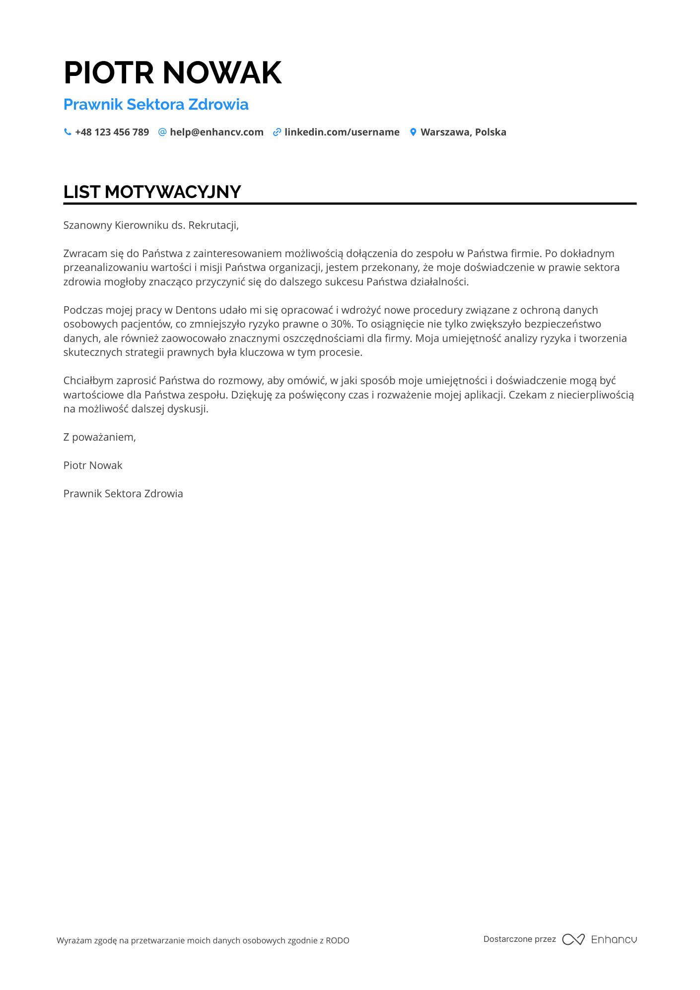 List motywacyjny dla Prawnik Sektora Zdrowia Resume Example