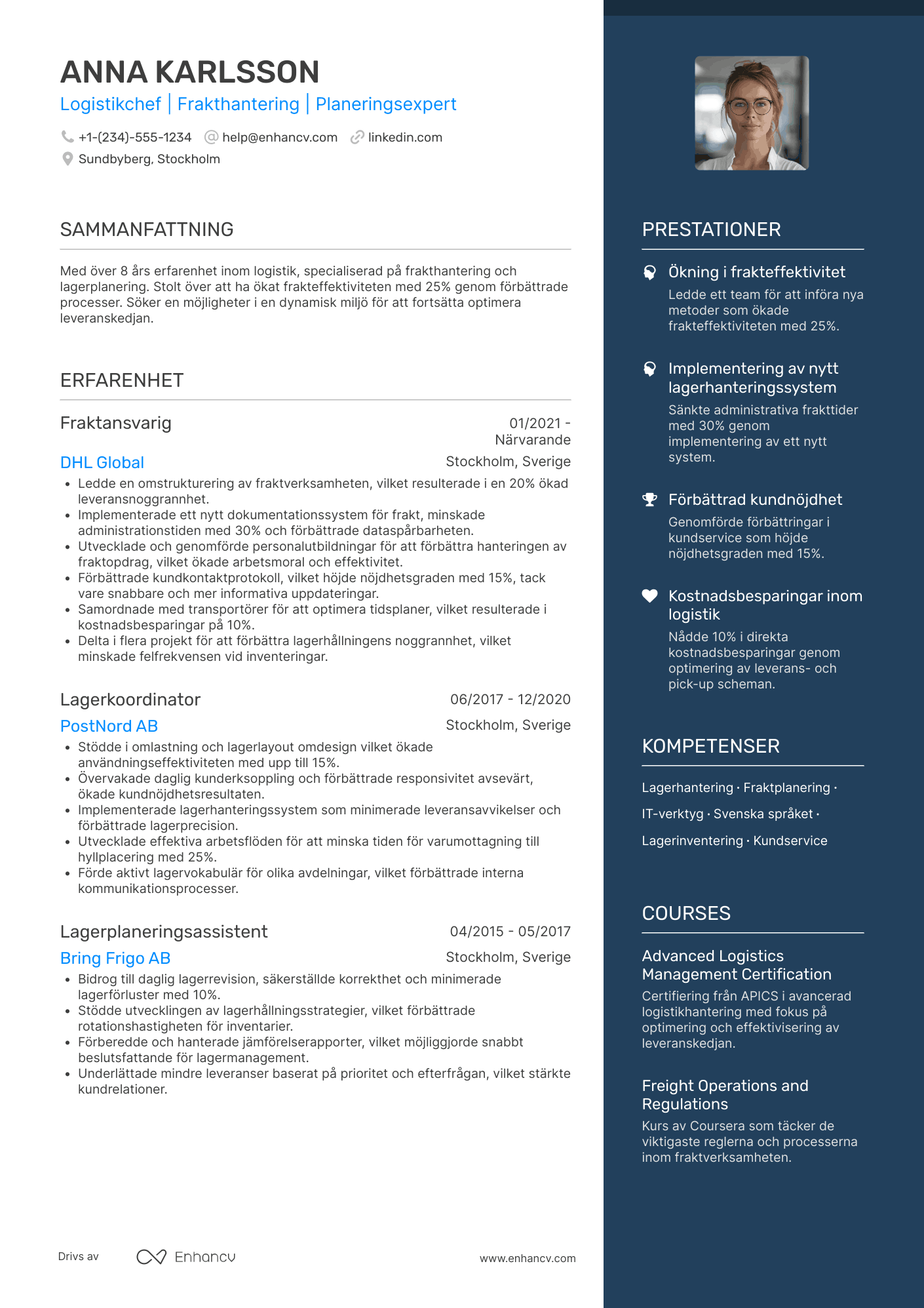 CV för Lagerarbetare fraktansvarig Resume Example