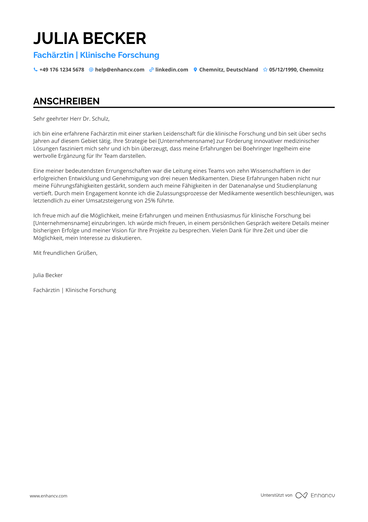 Arzt in der Pharmaindustrie Resume Example