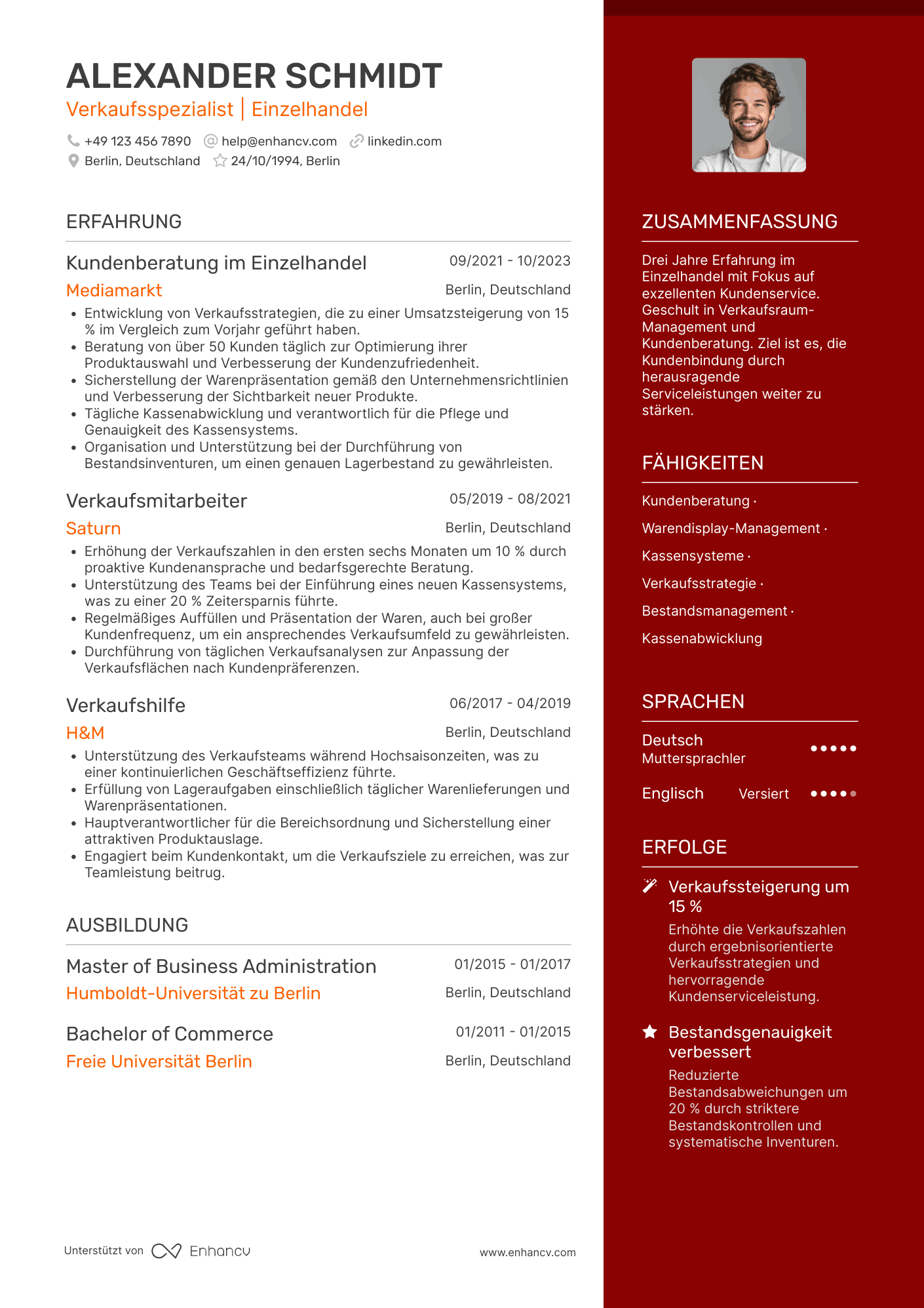 Lebenslauf als Einsteiger im Einzelhandel Resume Example