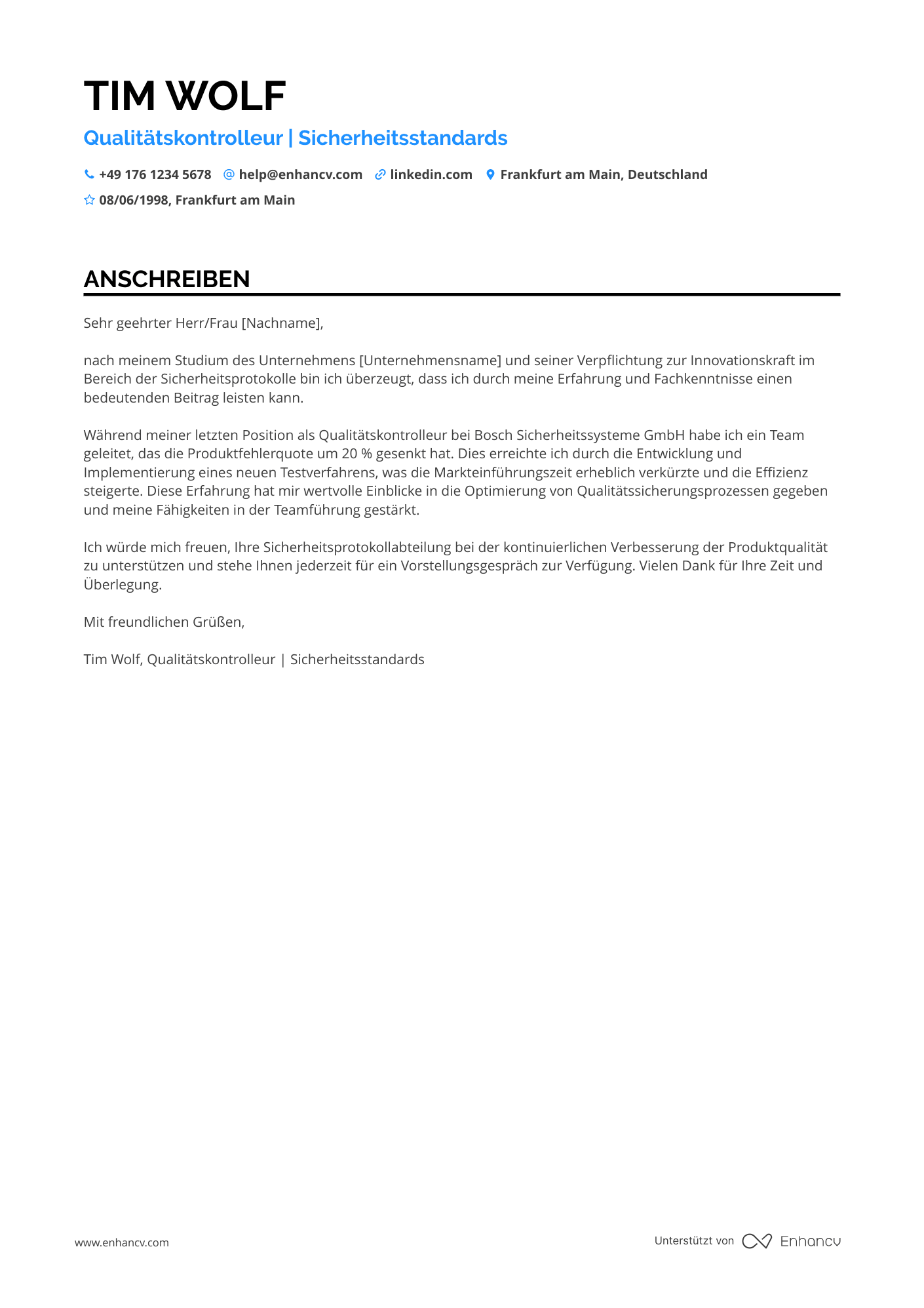 Qualitätskontrolleur für Sicherheitsstandards Resume Example