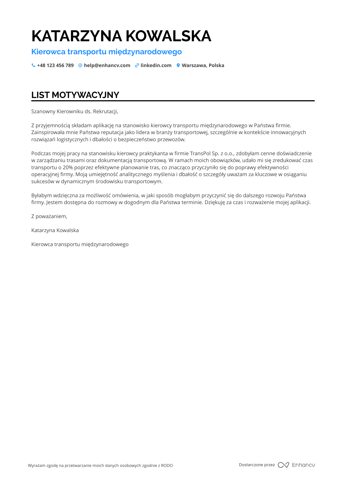 List motywacyjny dla Kierowca transportu międzynarodowego Resume Example