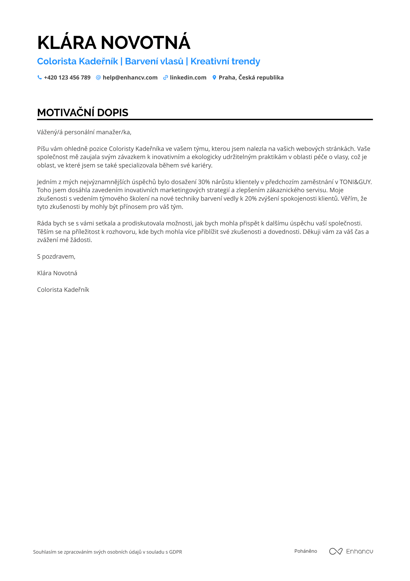 Motivační dopis pro Colorista Kadeřník Resume Example