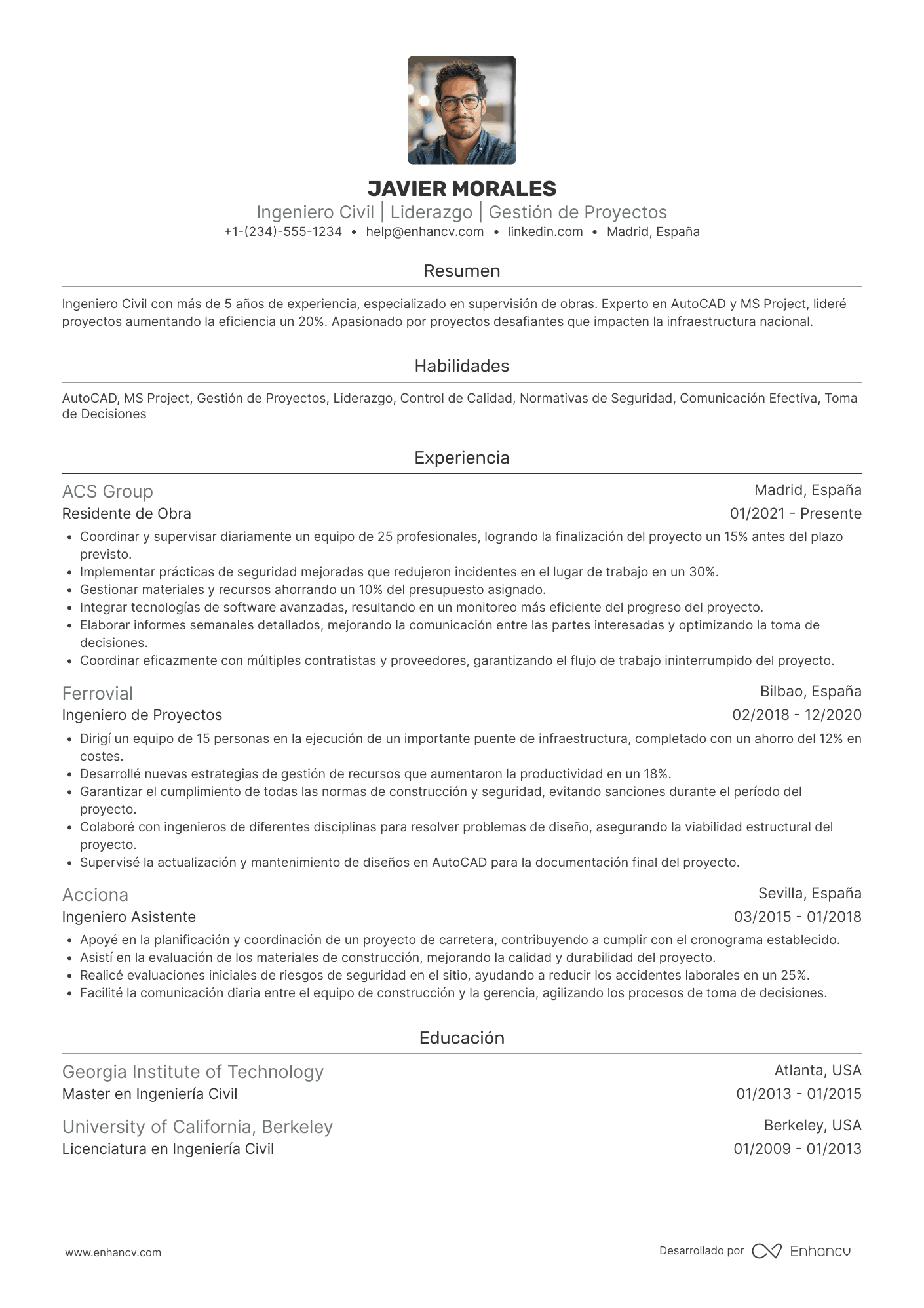 Bonus: CV de residente de obra Resume Example