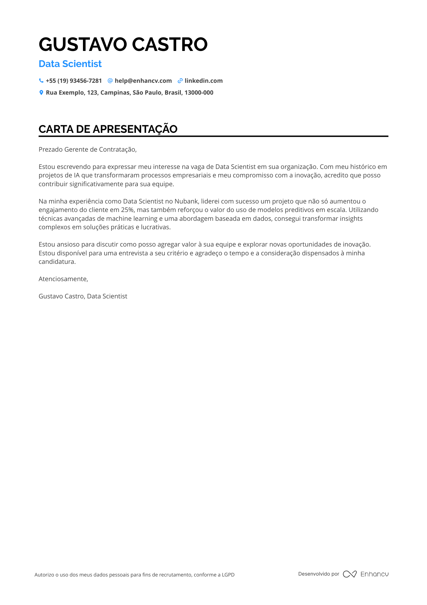Diretor de Ciência de Dados em Tecnologia Resume Example