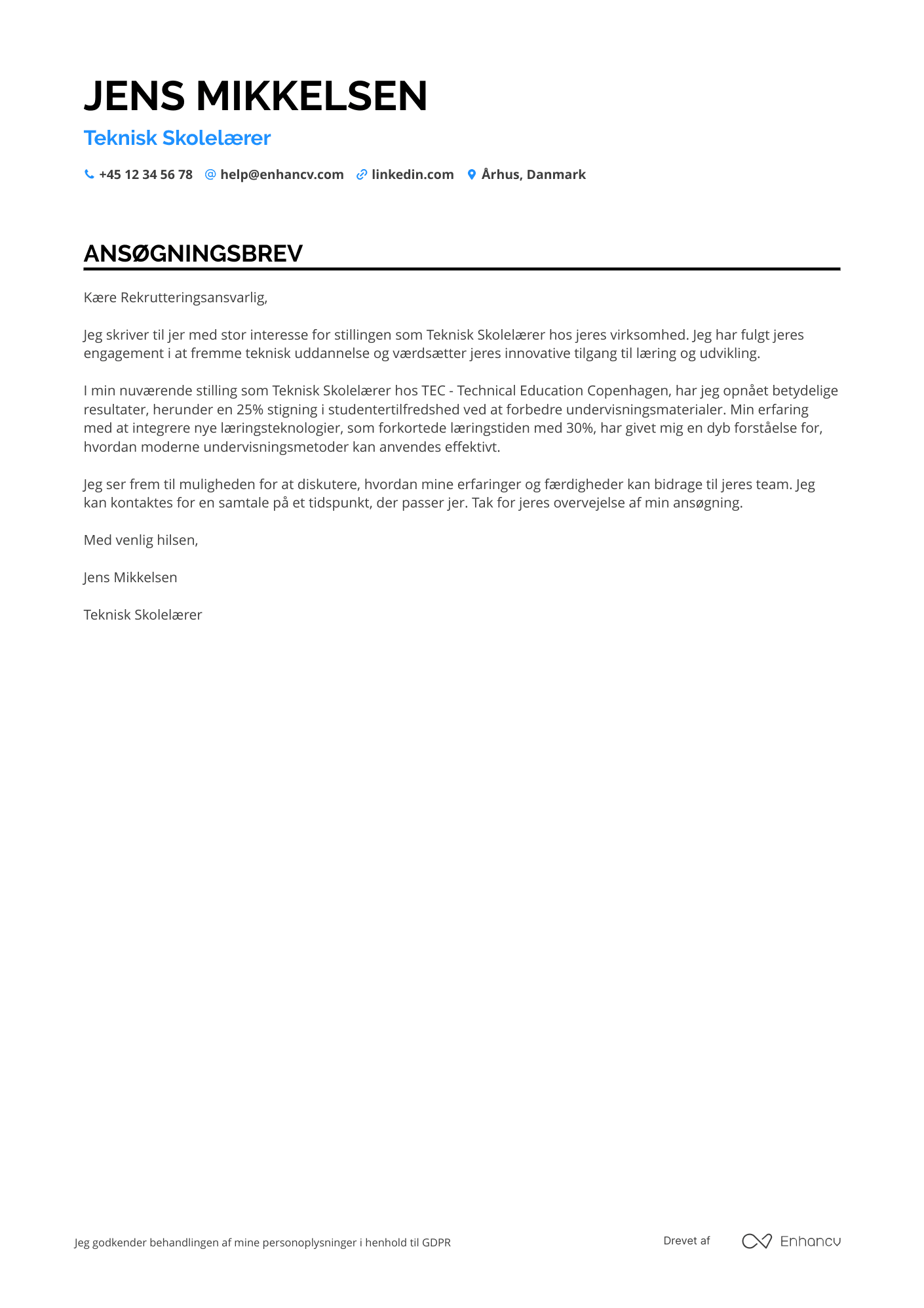 Ansøgningsbrev til Teknisk Skolelærer Resume Example
