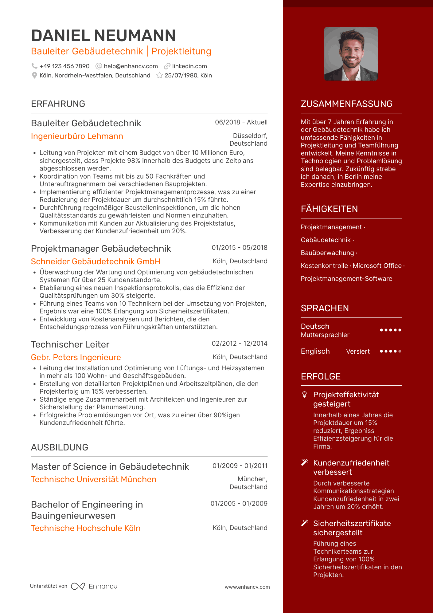 Lebenslauf als Bauleiter für Gebäudetechnik Resume Example
