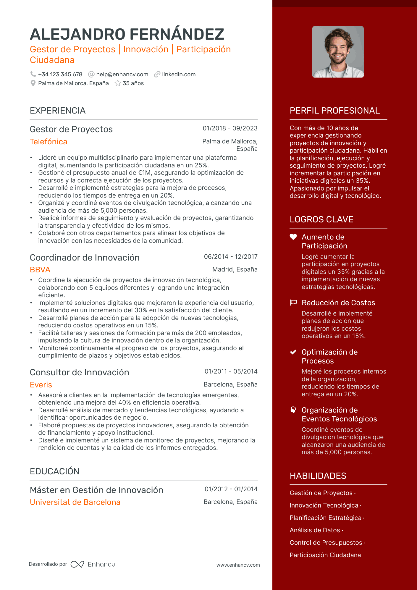 Gerente de Proyecto de Innovación Resume Example