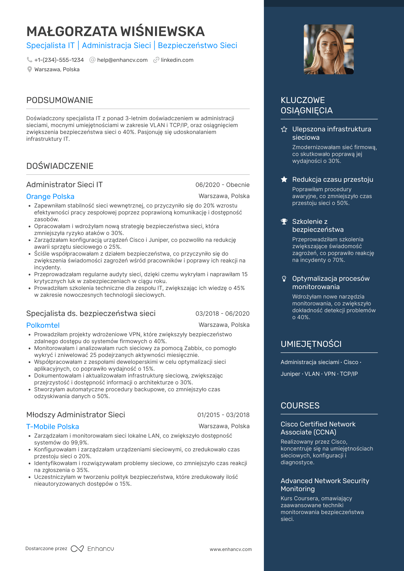 CV dla Specjalista IT ds. Administracji Sieci Resume Example