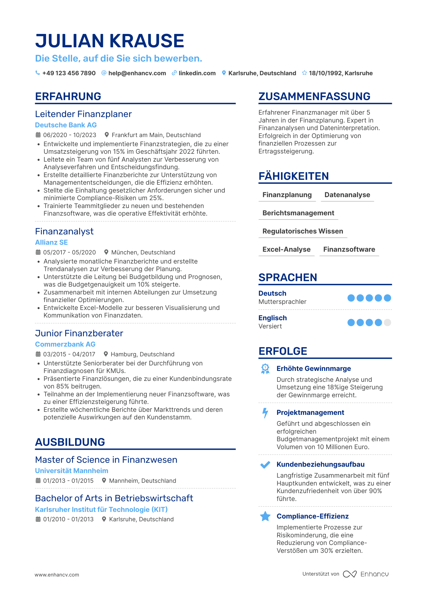 Lebenslauf als Stellvertretender Manager mit Erfahrung in Finanzplanung Resume Example