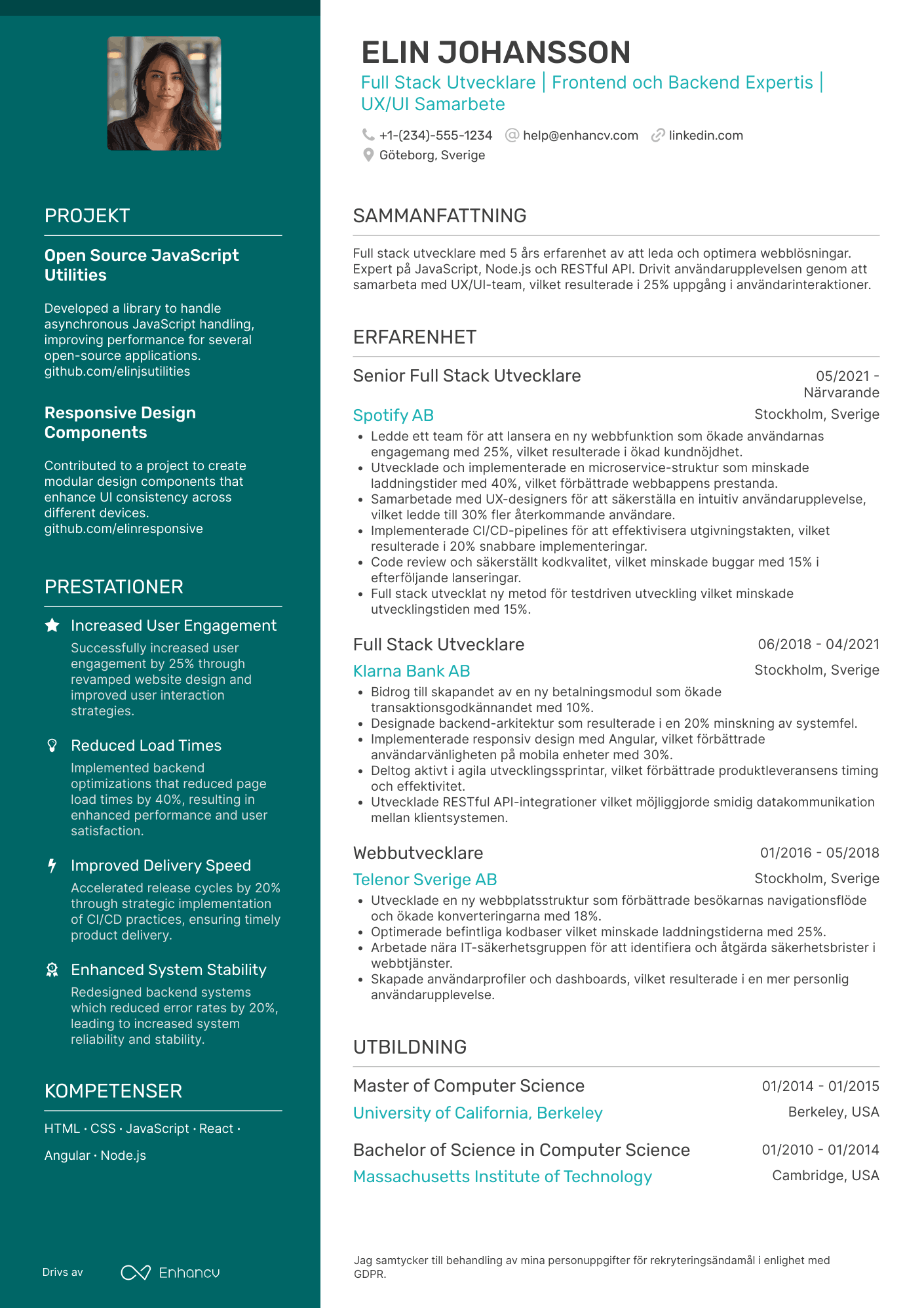 CV för Full Stack Utvecklare Web Resume Example