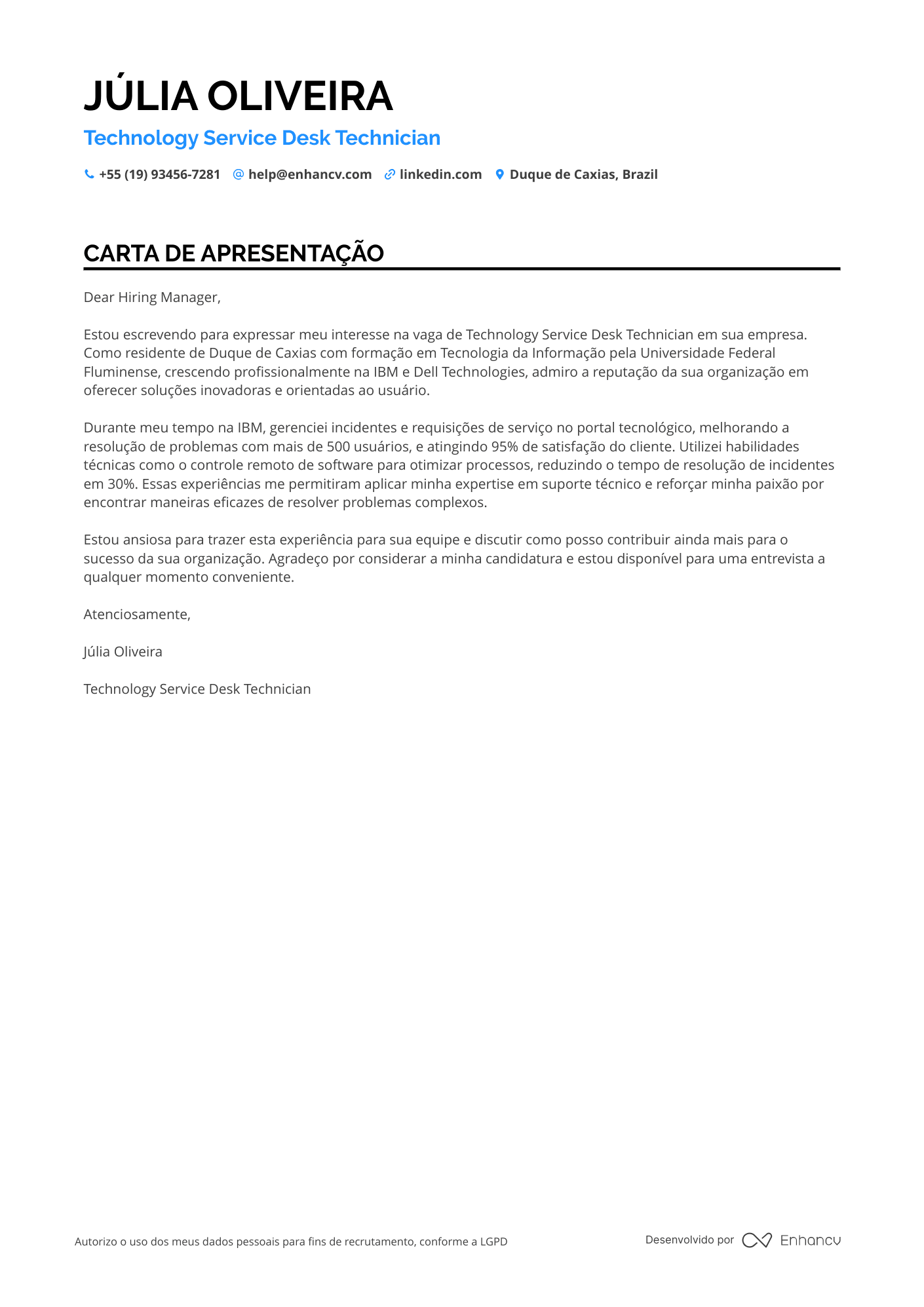 Técnico de Informática Júnior Resume Example
