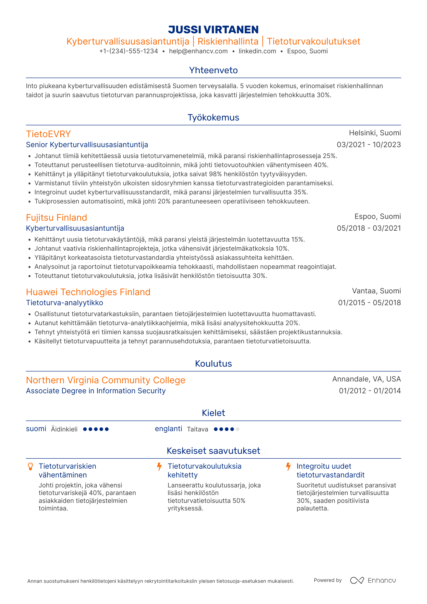 Ansioluettelo Terveysalan kyberturvallisuusasiantuntija Resume Example