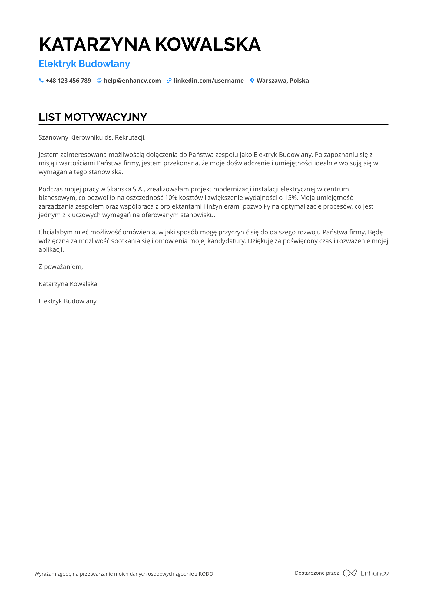 List motywacyjny dla Elektryk Budowlany Resume Example