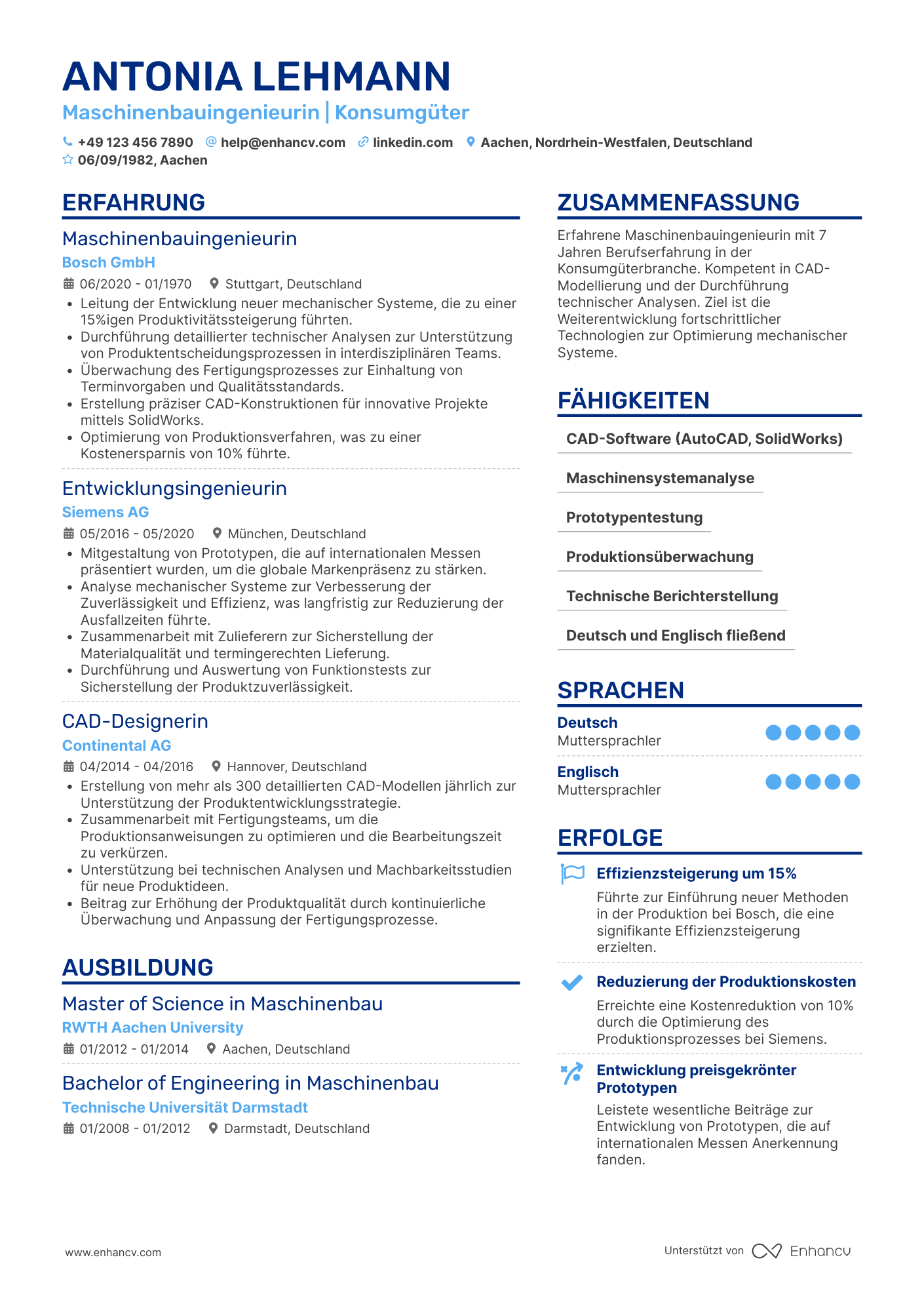 Lebenslauf als Maschinenbauingenieur mit Spezialisierung Resume Example