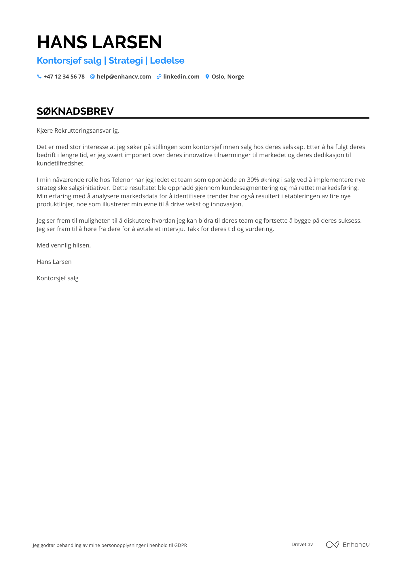Søknadsbrev for Kontorsjef salg Resume Example