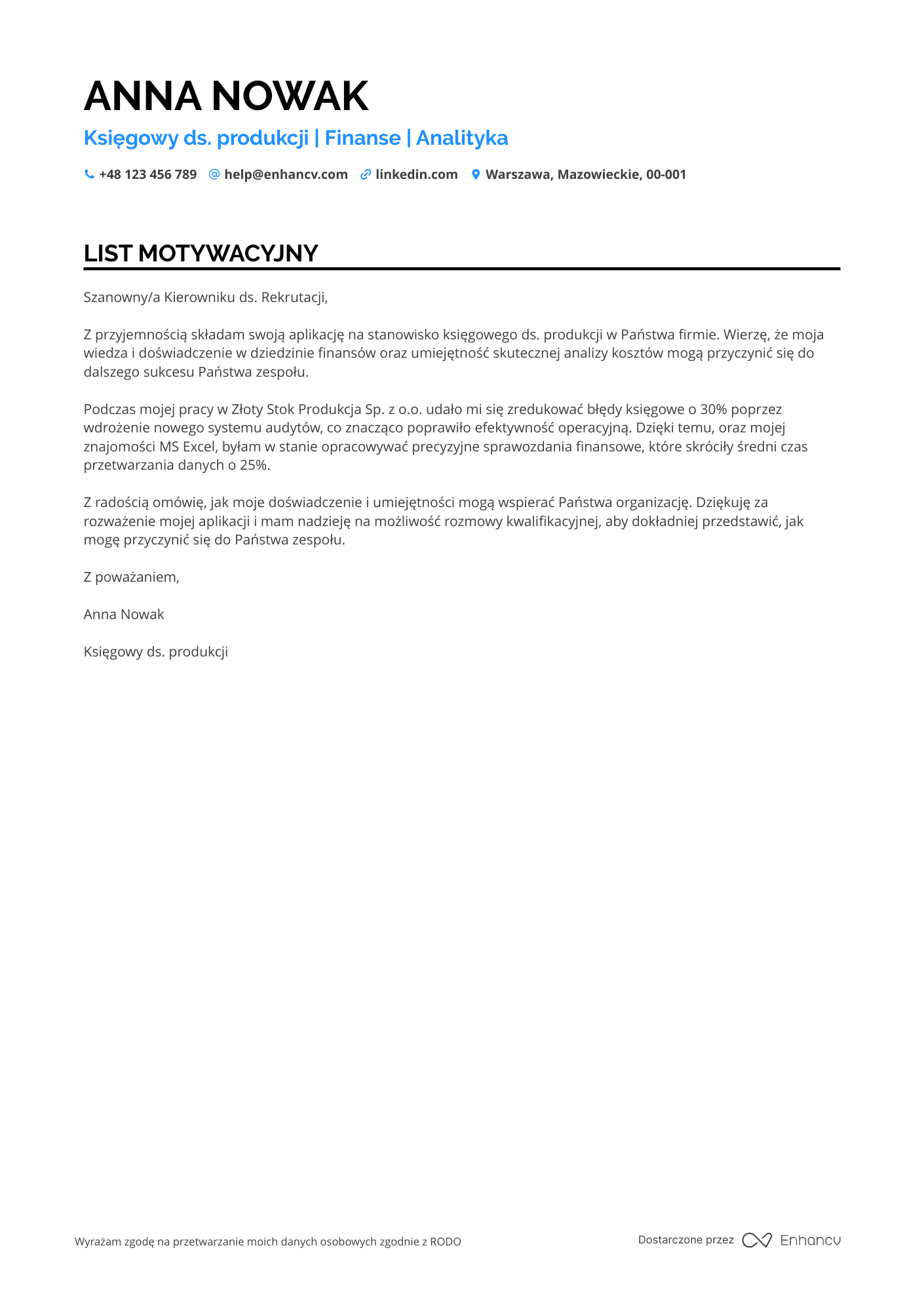 List motywacyjny dla Księgowy ds. produkcji Resume Example