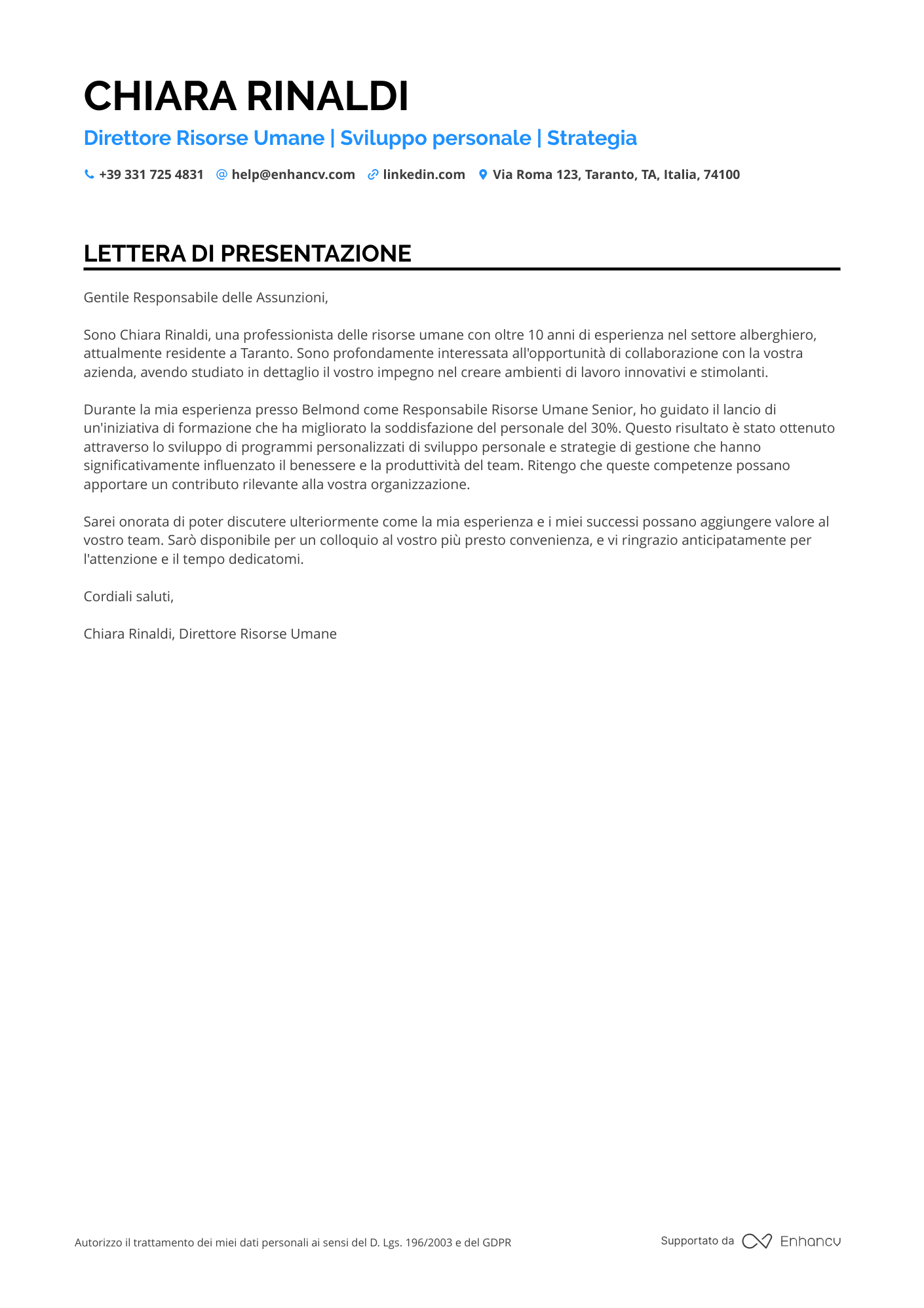 Direttore Risorse Umane Resume Example