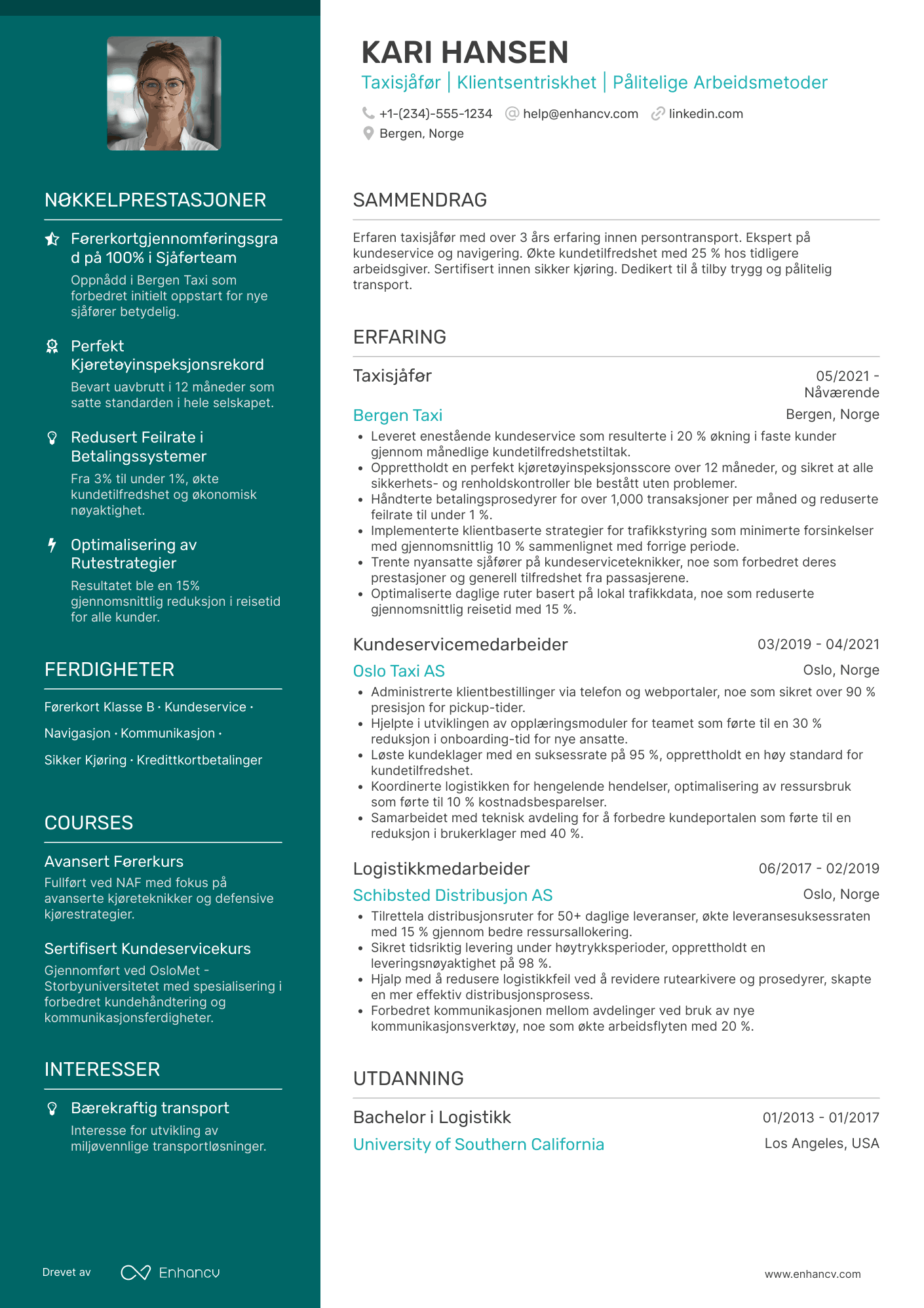 CV for Taxisjåfør Resume Example