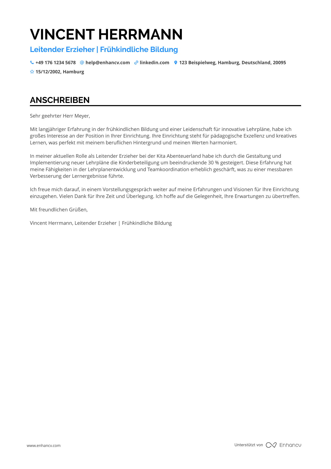 Leitende Erzieherin Resume Example
