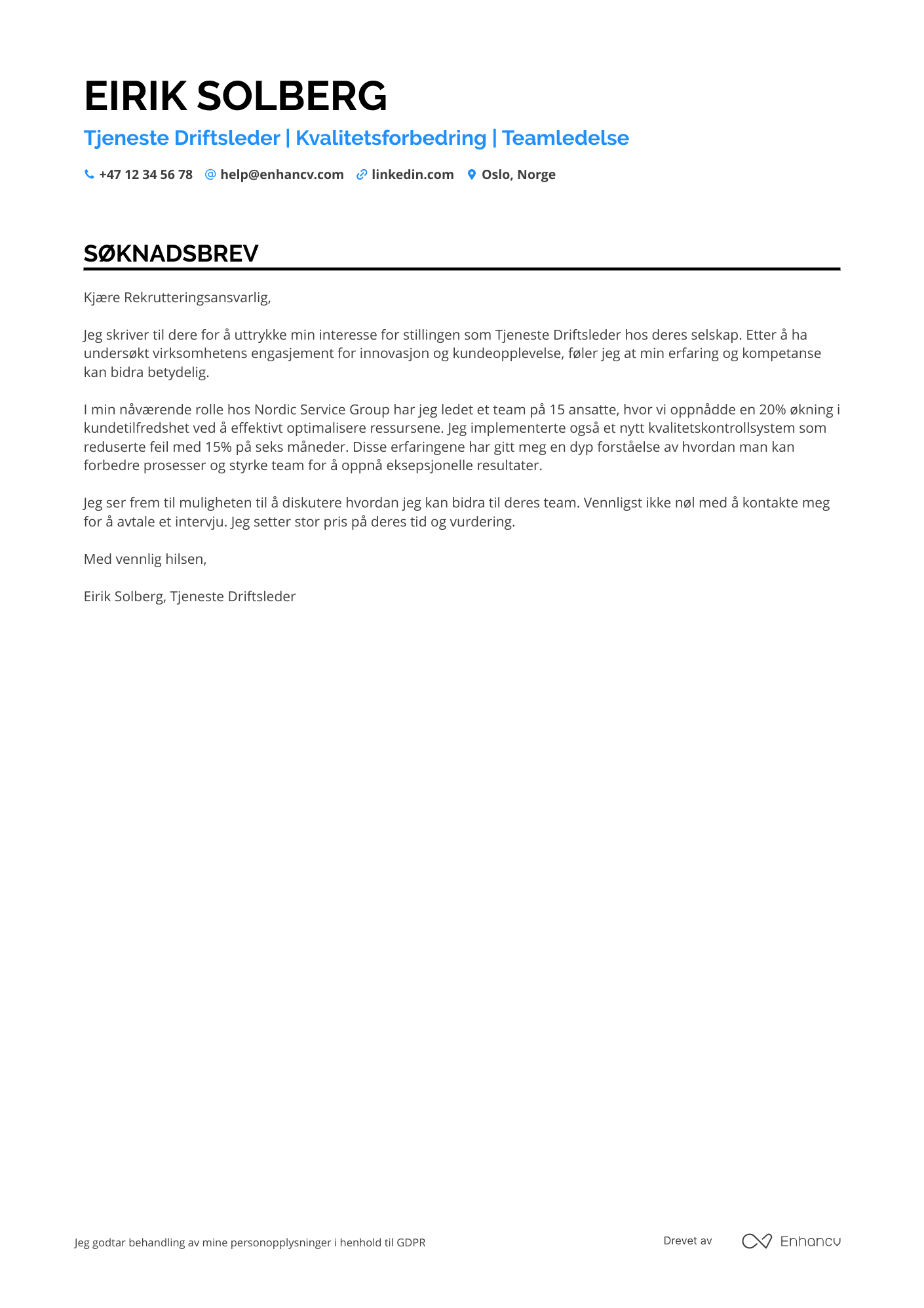 Søknadsbrev for Tjeneste Driftsleder Resume Example