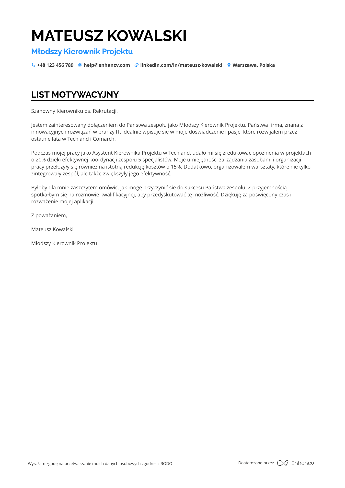 List motywacyjny dla Młodszy Kierownik Projektu Resume Example