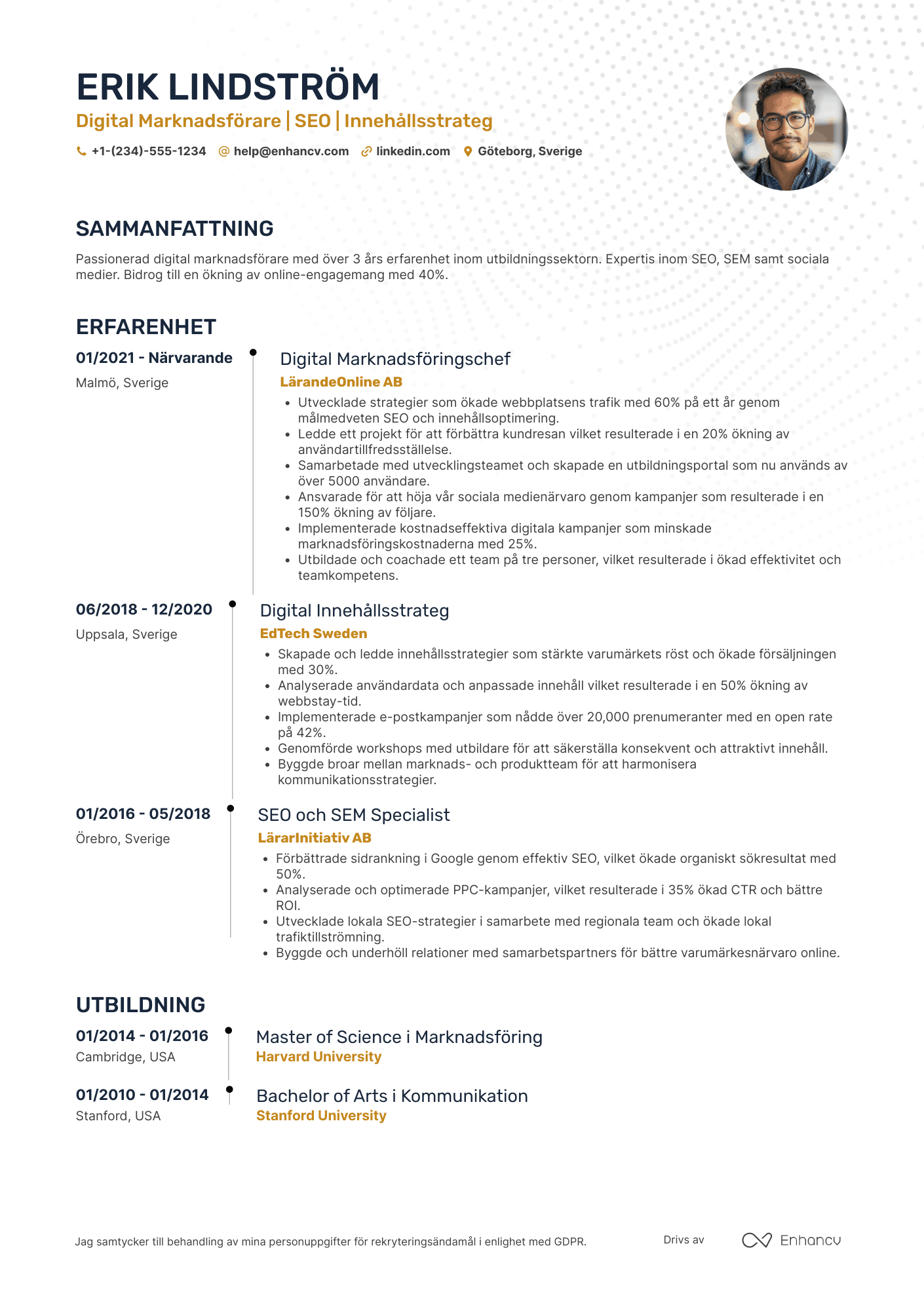 CV för Digital Marknadsförare inom utbildning Resume Example