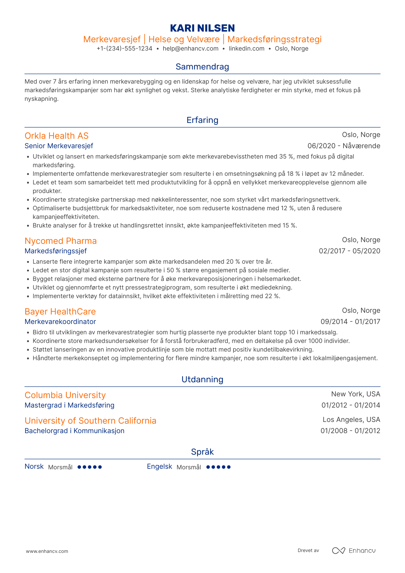 CV for Merkevaresjef for Helse  og Velvære Resume Example